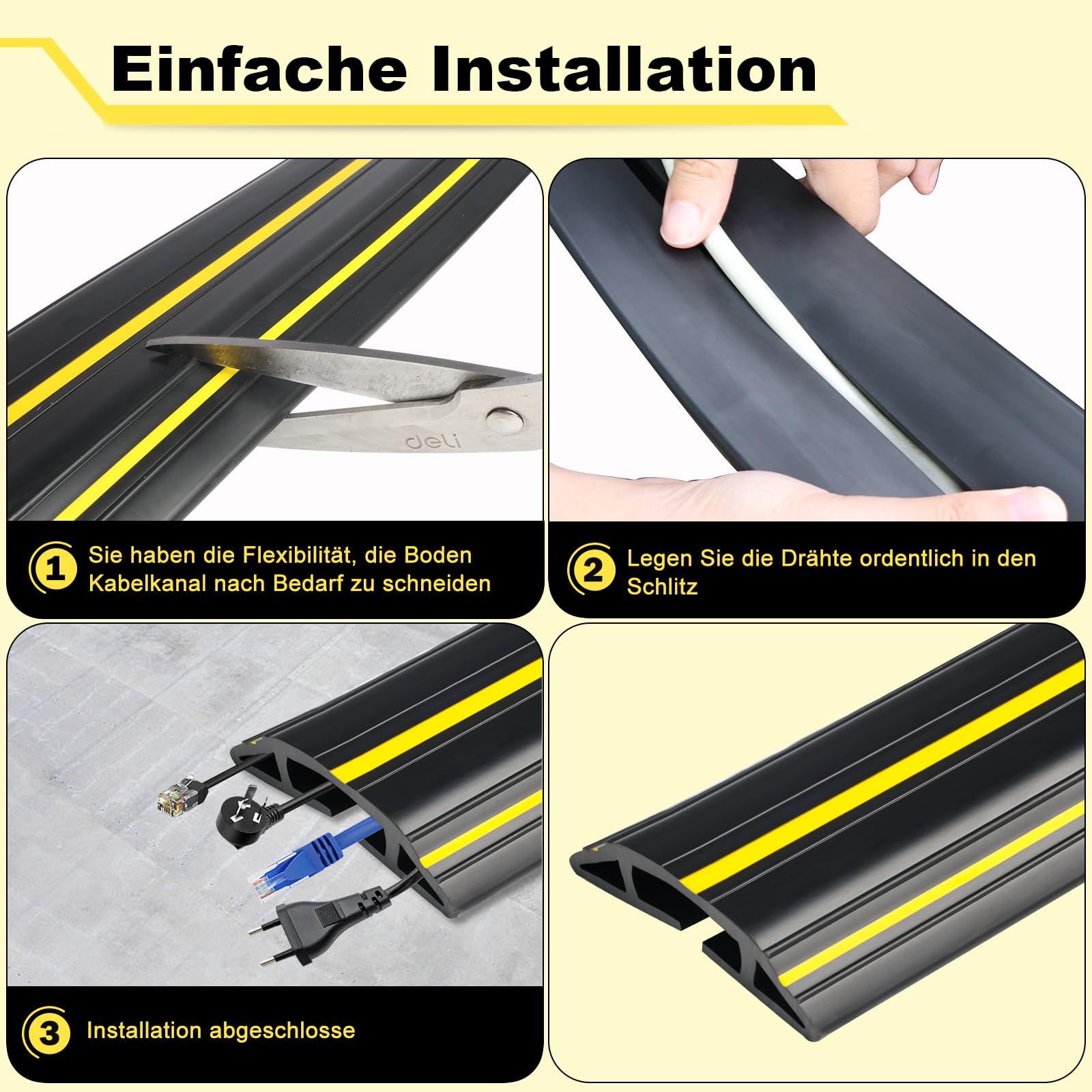 Kabelkanal Boden Flach - 4m PVC Kabelbrücke Boden, 3 Bodenkanal Für Kabel, Bodenkabelschutz Zuschneidbar Boden Drahtabdeckungen für Haus, Büro, Werkstatt, Lager (Schwarz)