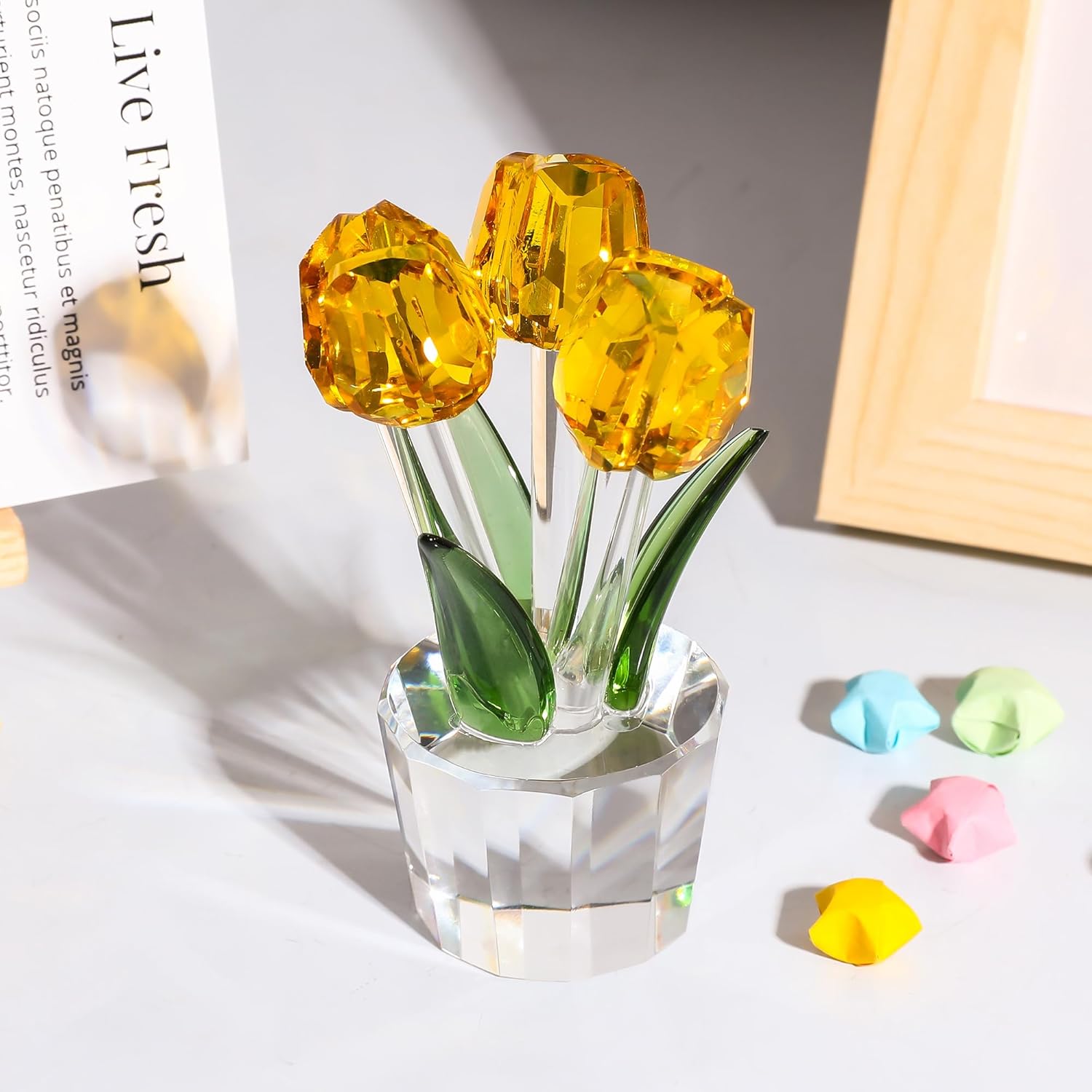 Movdyka Tulips Glass Flowers Figurines Crystal Decor Collectible Crystal Yellow Flowers Bouquet Ornaments Tulip for Women on Anniversary Wedding Christmas Valentines - Image 5