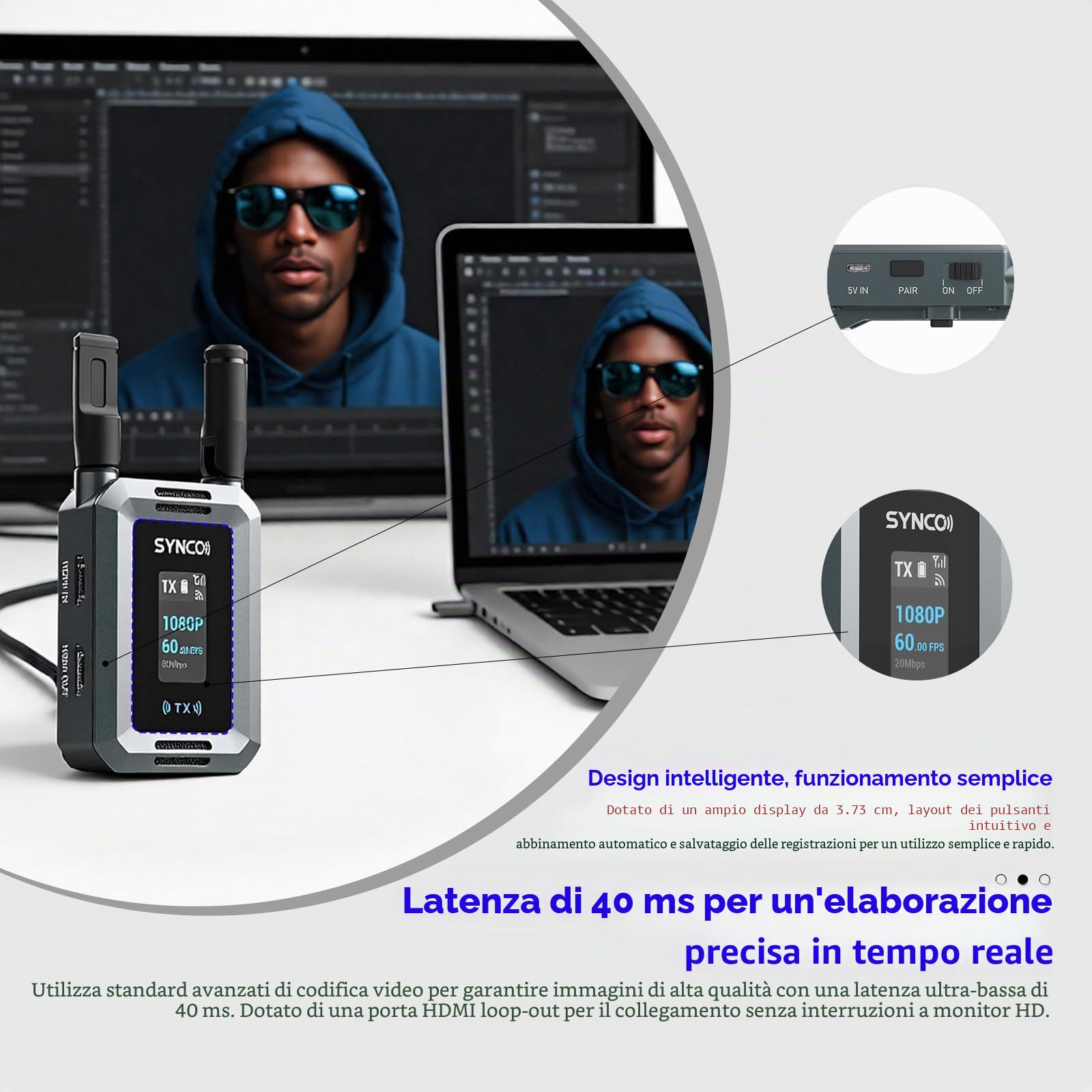 Synco Xvision - Sistema di trasmissione video wireless, trasmettitore e ricevitore HDMI da 300 m HD, 1080p, 60 fps, latenza di 40 ms per il monitoraggio in tempo reale, ideale per streaming live