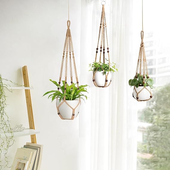 Mkono 3 Pack Macrame Plant Hangers Indoor Different Size Hanging Planter Basket Flower Pot Holder with Beads No Tasselss 43/35/29, Large, Brown