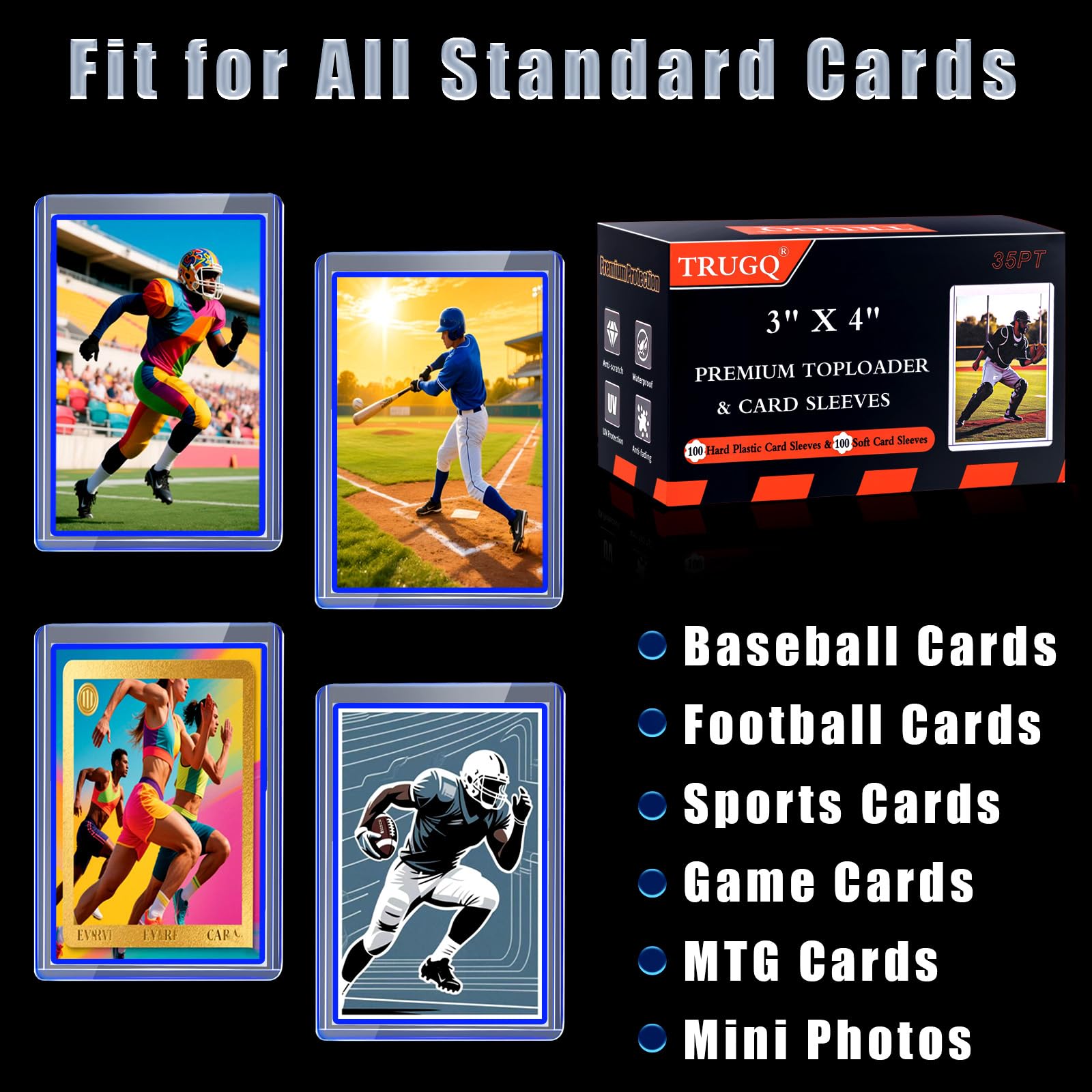 100 Kartenhüllen, Top-Loads für Karten, 7,6 x 10,2 cm, Baseball-Kartenhüllen aus Hartplastik, Premium-Kartenhalter für Sammelspiele, Sport, Fußballkarten (100 harte Hüllen + 100 weiche Hüllen)