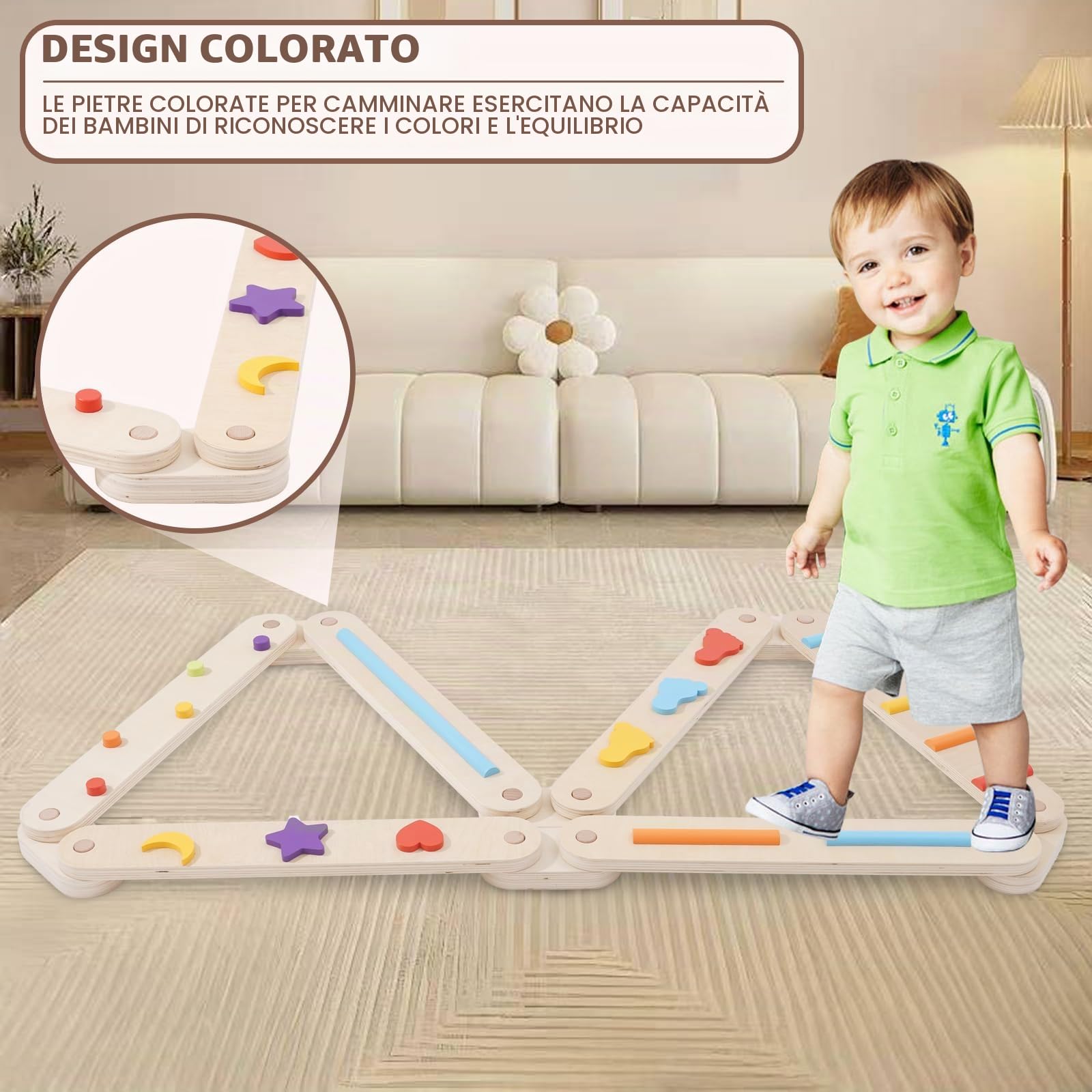 Trave di Equilibrio per Bambini,Trave di equilibrio con pietre di ostacolo colorate,Giocattolo Montessori Allenamento dell'equilibrio per Interni ed Esterni per Bambini 1 Anni+