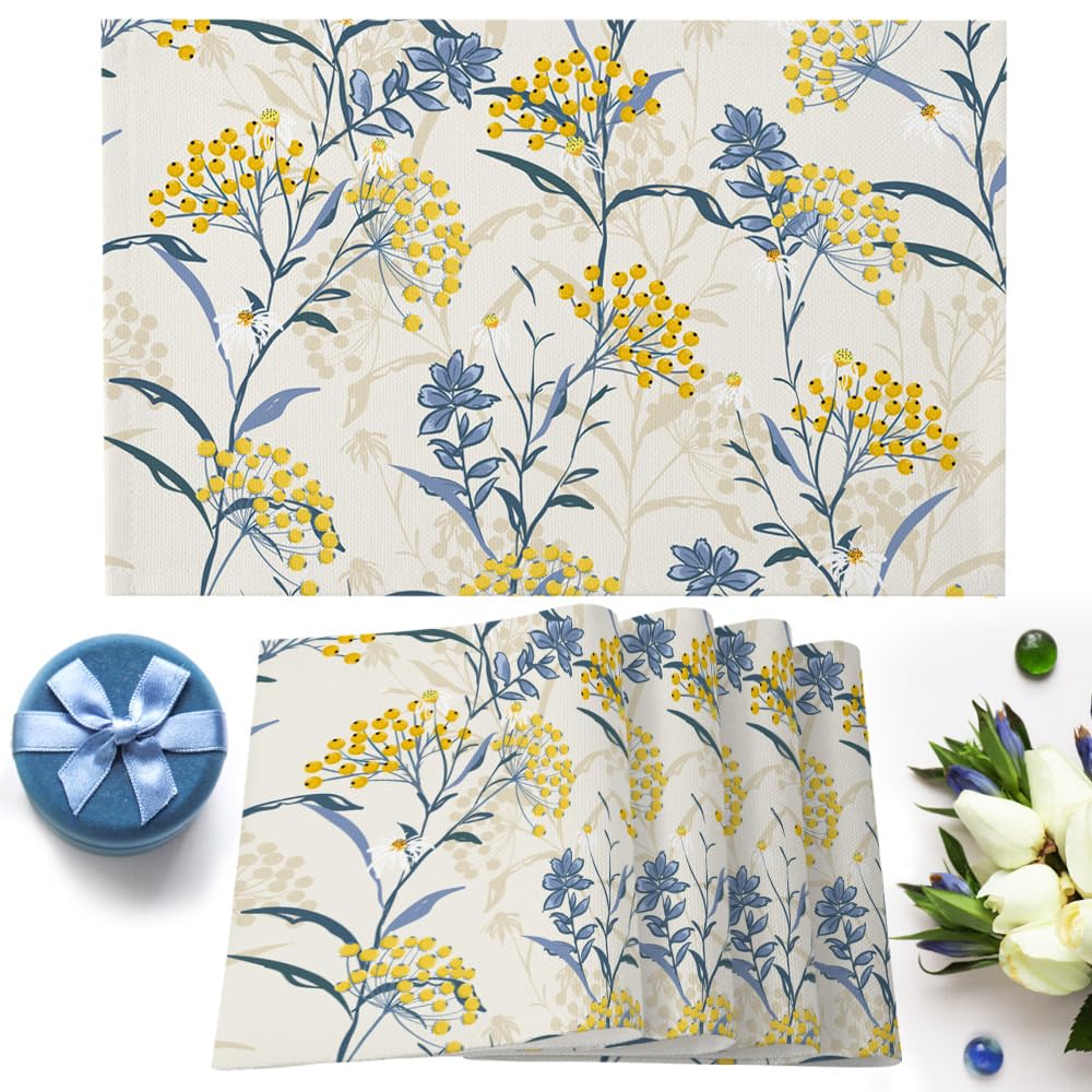 Dining Table Placemats Set Of 6(Cotton Linen),Vintage Floral Plant,Heat Resistant Non-Slip Table Mats,Yellow Blue,Indoor Outdoor Table Placemat for Holiday Banquet Kitchen Table Decor,Machine Washable