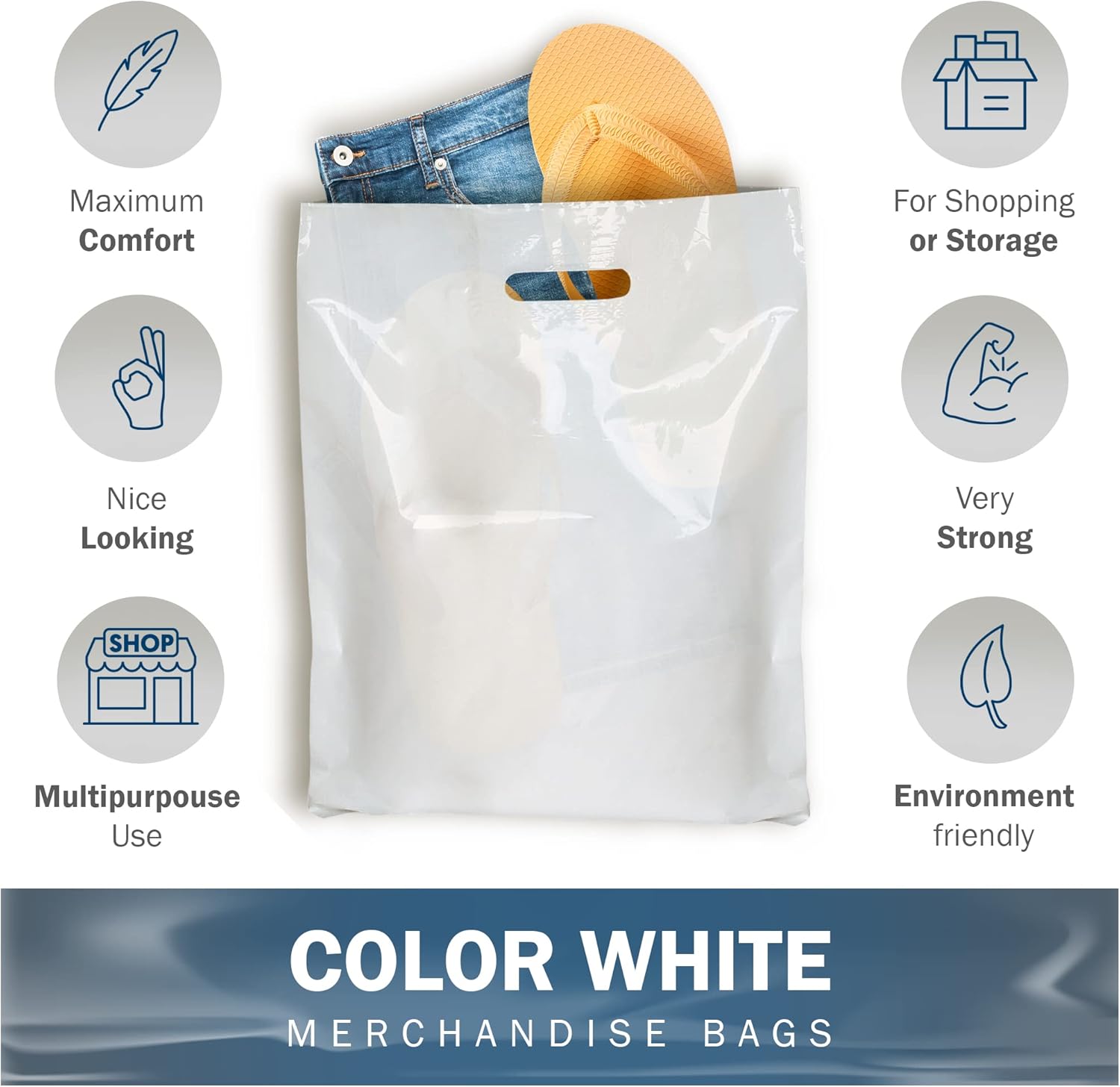 12x15 White Plastic Merchandise Bags, Glossy Finish, Medium Retail Size, 200 Pack, 1.5 Mil Thick, with Die-Cut Handles by PPB