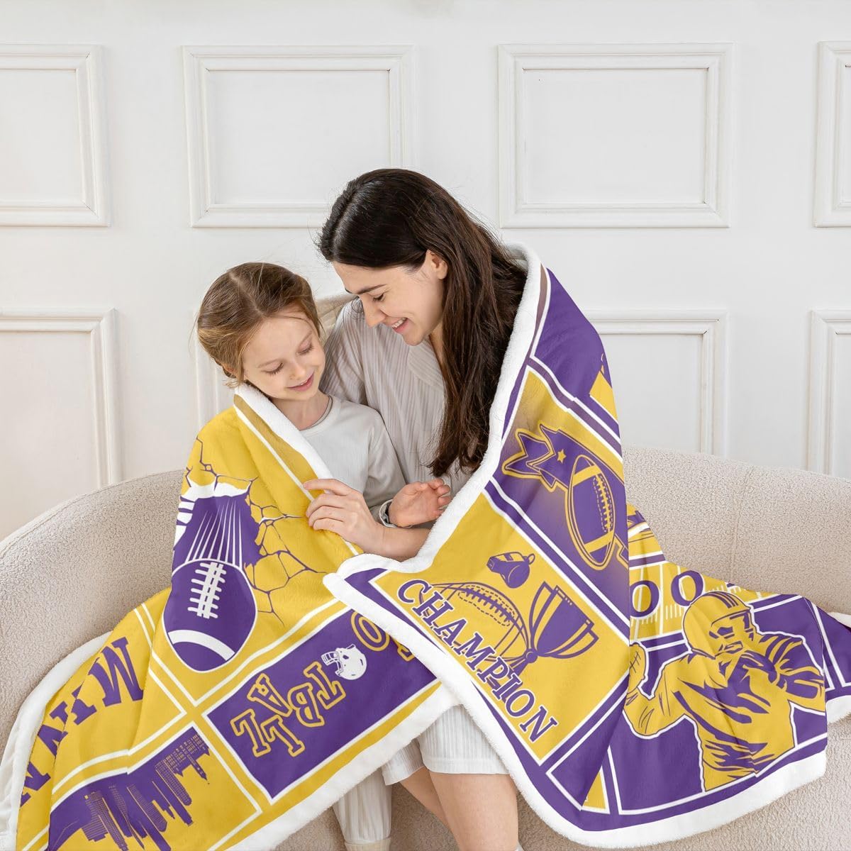 Erosebridal Sports Seasonal Fleece Throw Blanket Kids Gridiron Rugby Decor Sherpa Blanket, Purple Yellow Rugby Helmet Plush Bed Blankets Sports Player Fuzzy Plush Blankets Baby