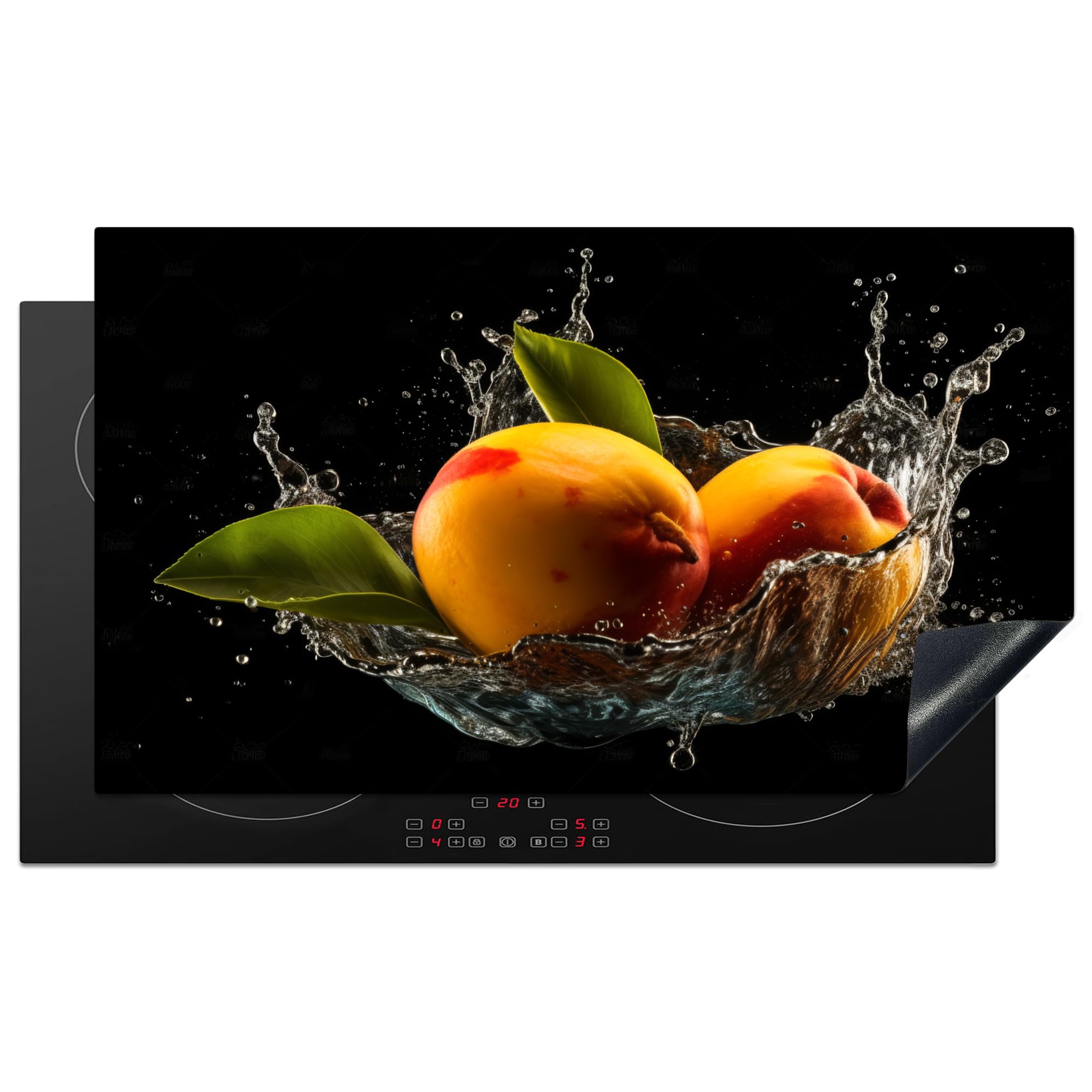 KitchenYeah© Induction Hob Cover Protector Mat 20.5"x35.9" / 91.2x52 cm Kitchen Universal Ceramic Covers for Electric Cookers Vinyl Mango - Fruit - Water - Black - Leaf