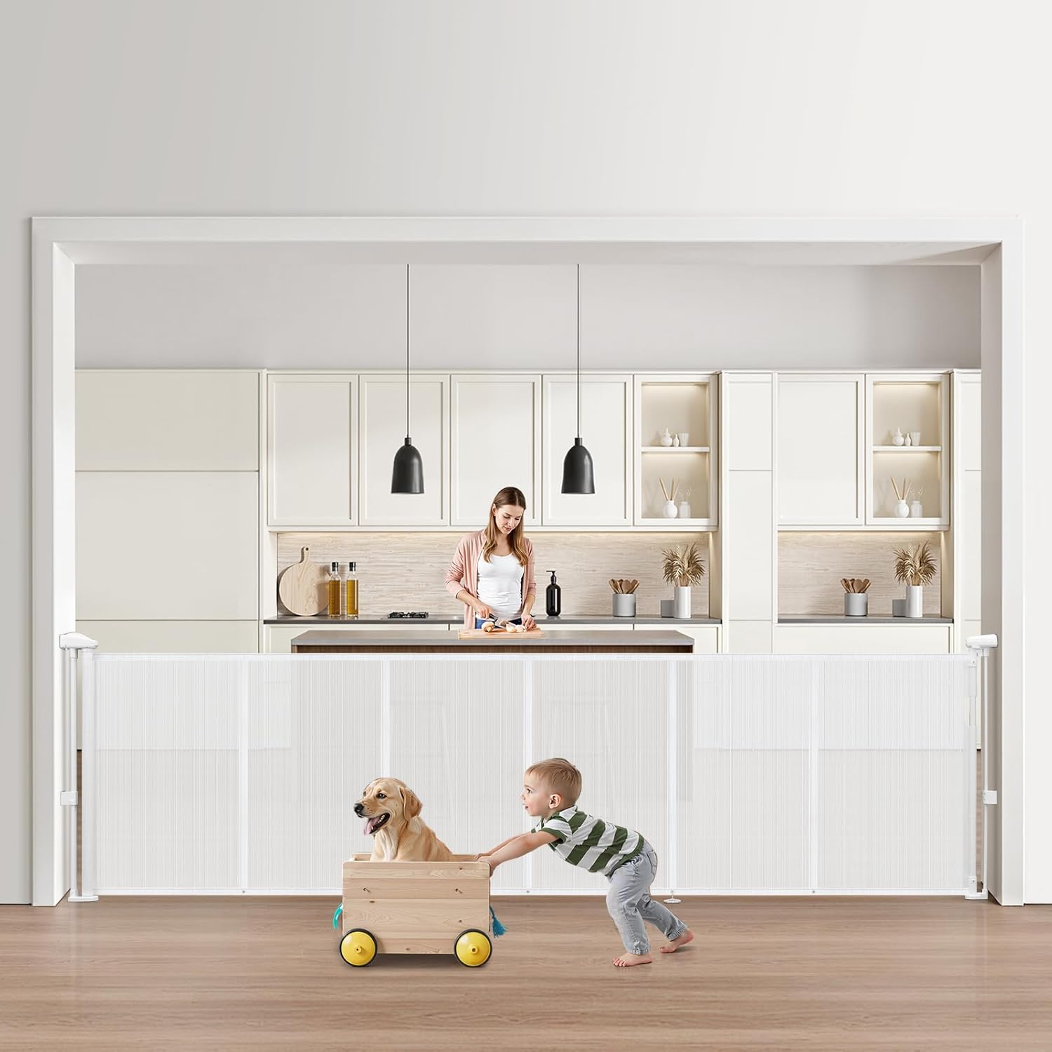 VEVOR Retractable Baby Gate, 34 inch Tall, Extends up to 110 inch Wide, Retractable Gate for Kids or Pets, Mesh Material, Easy to Install for Indoor Stairs, Doorways, Hallways, Playrooms, White