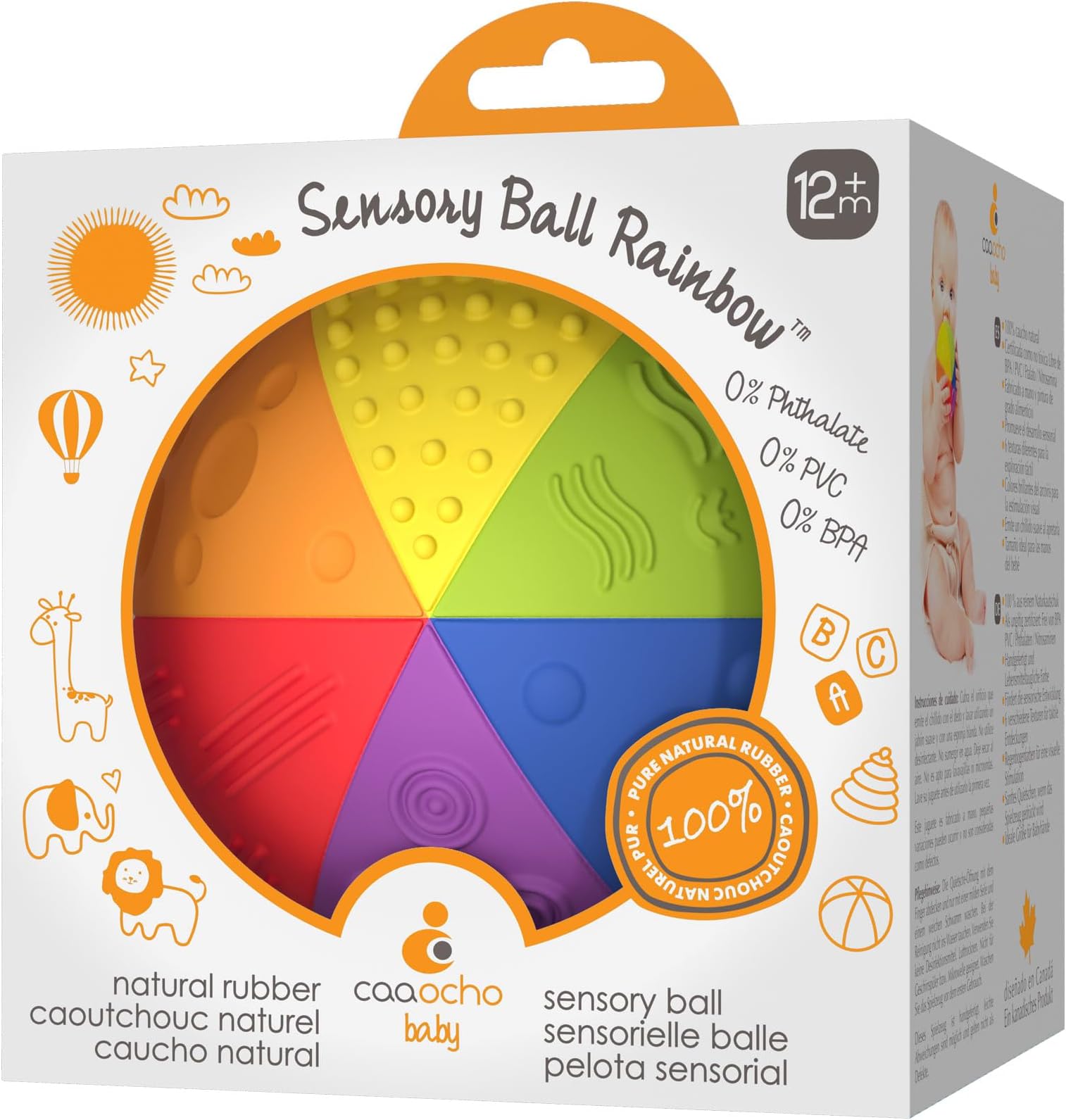 CaaOcho Baby - Natural Rubber Sensory Ball Rainbow - BPA Phthalates PVC Free Food-grade paint