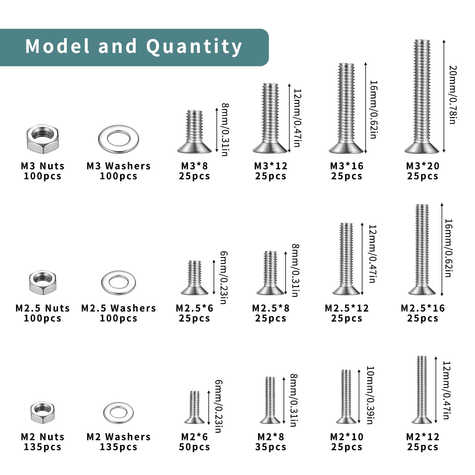 1005 Pcs Small M2 M2.5 M3 Countersunk Bolts and Nuts Set, Screws Set, Flat Head Machine Screws Nuts and Washers - Image 2