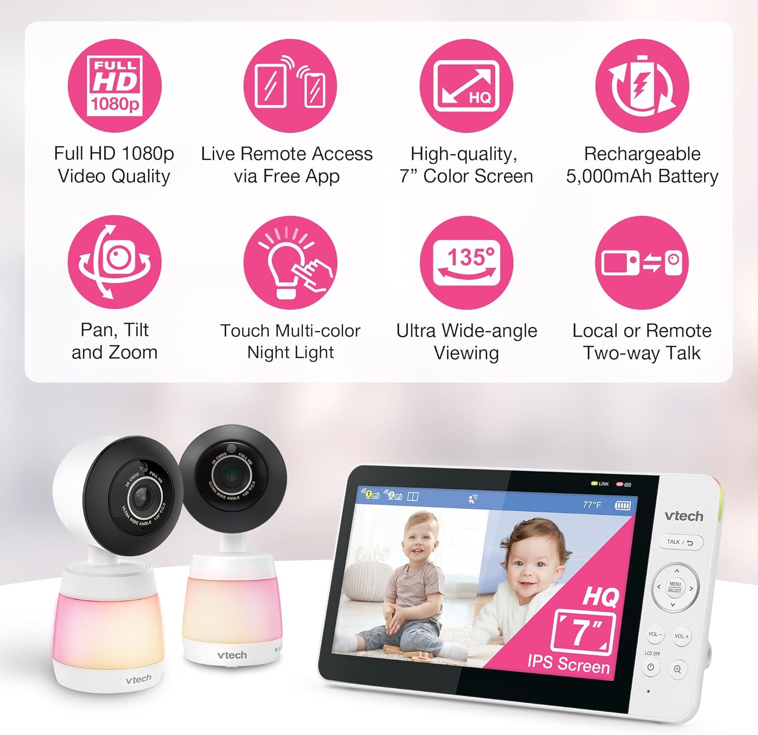 VTech Smart WiFi Baby Monitor with 2 Cameras - 1080p FHD Dual Room Split Screen, 7" IPS Display, Pan Tilt Zoom, Free App No Subscription, Motion Sound Temperature Alerts – Smart HQ Max Twin