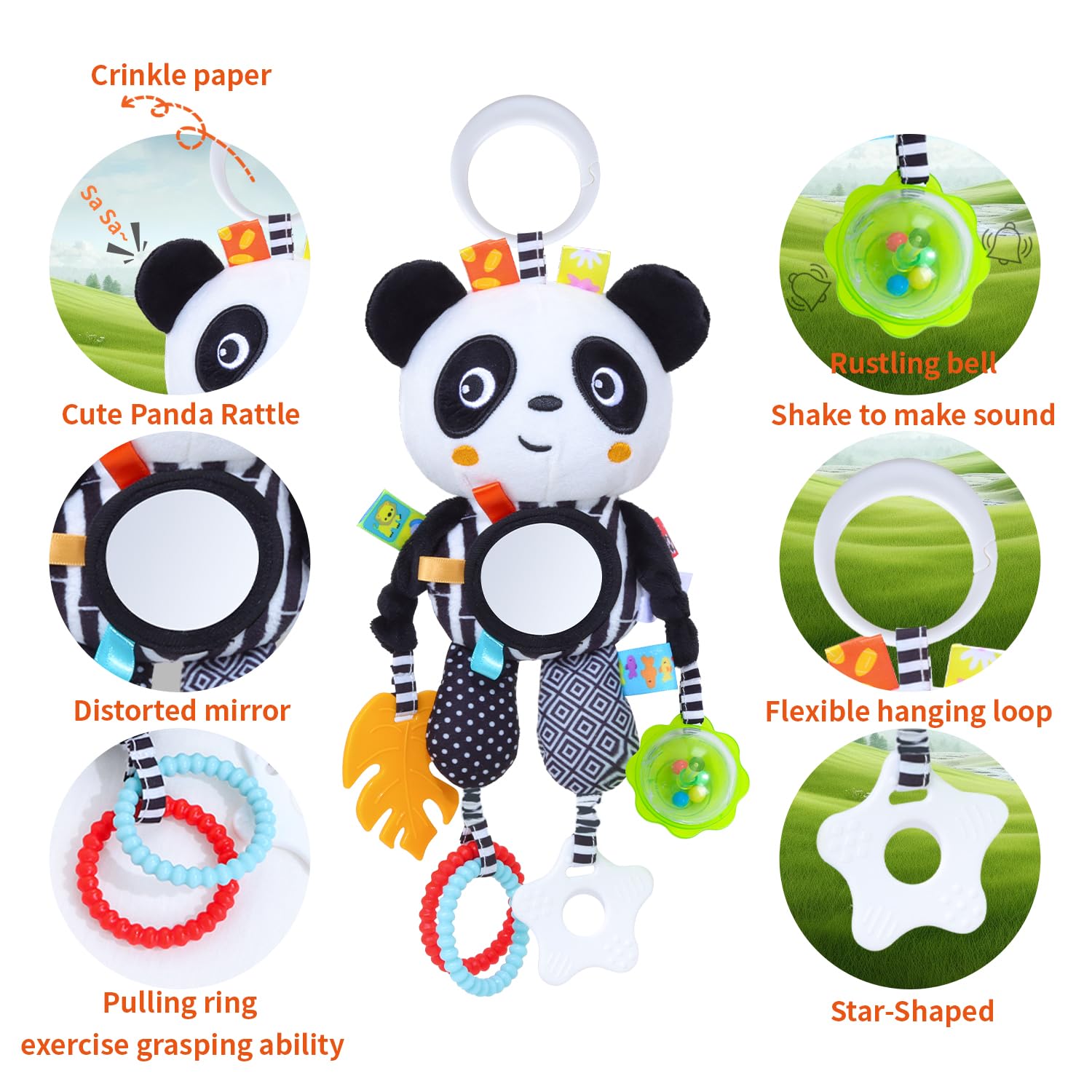 Noir et Blanc Jouets Bébés,Peluche Animal Suspension Hochets Jouet,Bébés Jouet Sensoriel,Nouveau-nés Poussette Jouets Cadeau pour Garçons et Filles 0 3 6 9 12 Mois