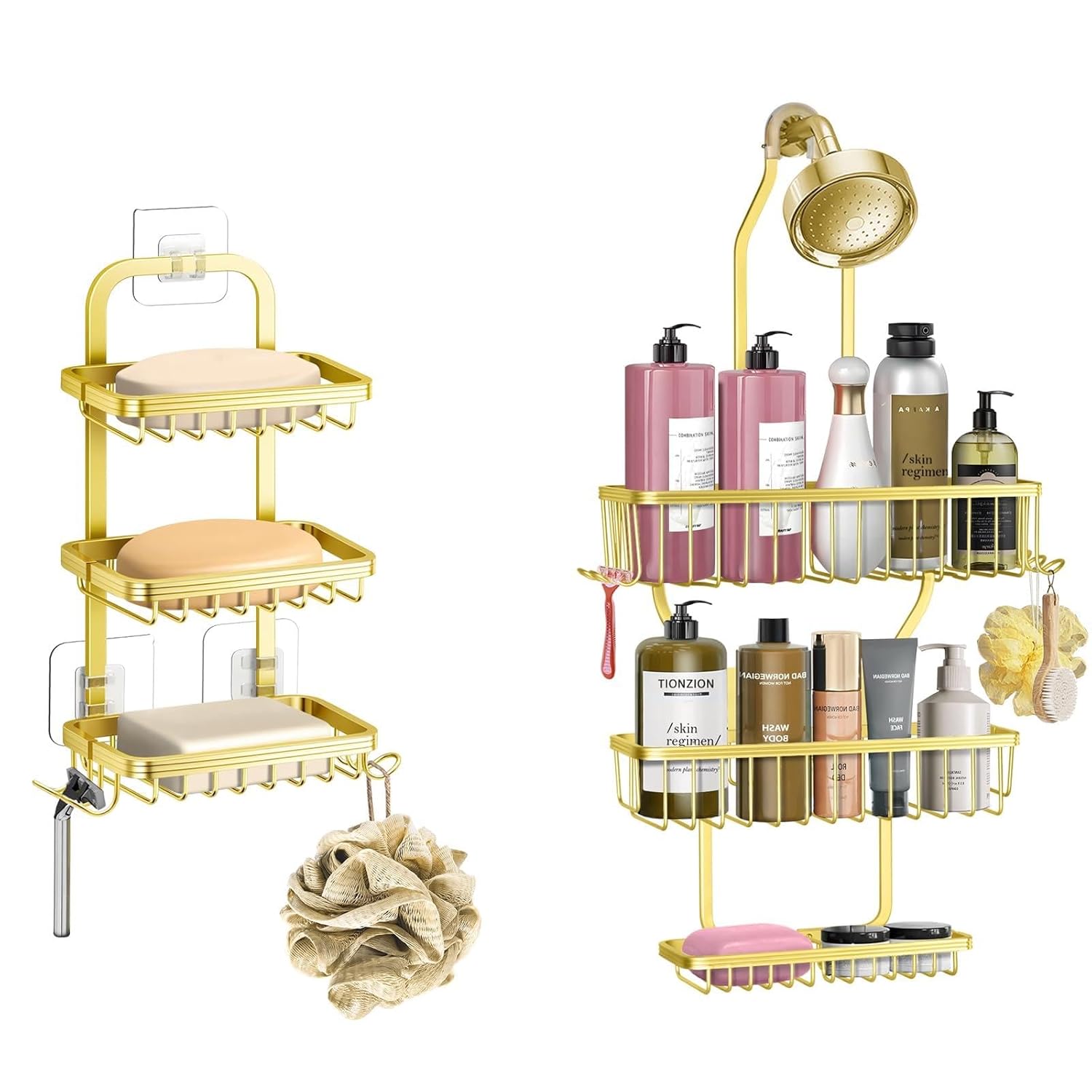 MSAICOE Gold Shower Caddy Hanging and 3 Tier Gold Soap Bar Holder for Shower