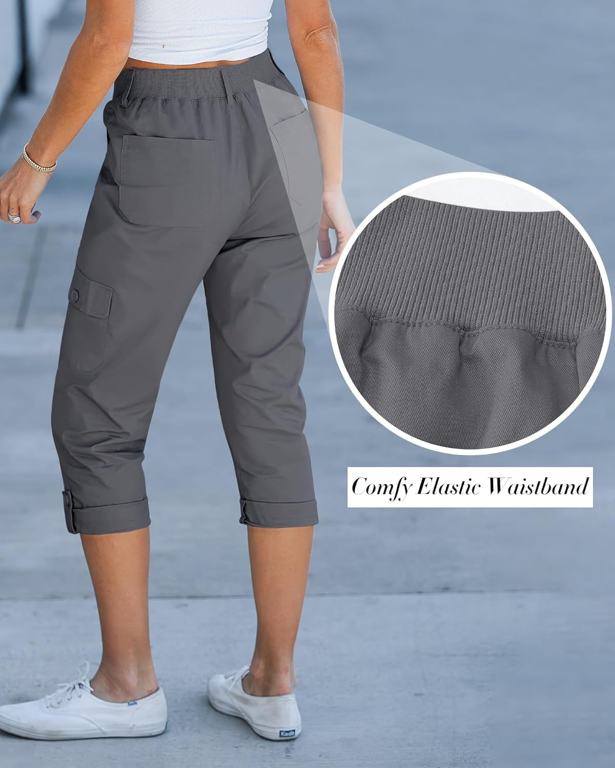 GRAPENT Cargo Capri Pants for Women High Waisted Relaxed Fit Elastic Knit Waist Casual Capris Trousers Cropped Pants - Image 4