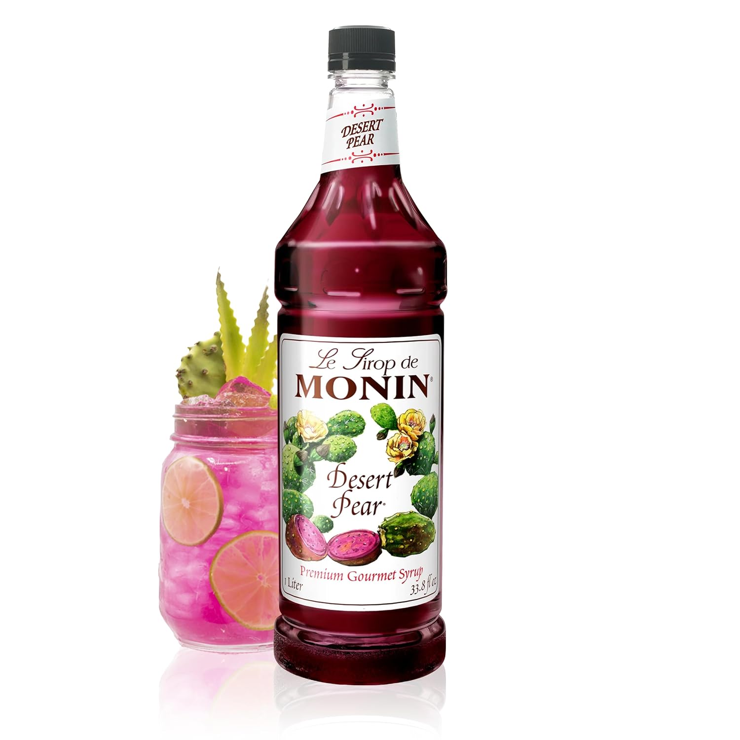 Monin - Desert Pear Syrup, Bold Flavor of Prickly Pear Cactus, Natural Flavors, Great for Iced Teas, Lemonades, Cocktails, Mocktails, and Sodas, Non-GMO, Gluten-Free (1 Liter)