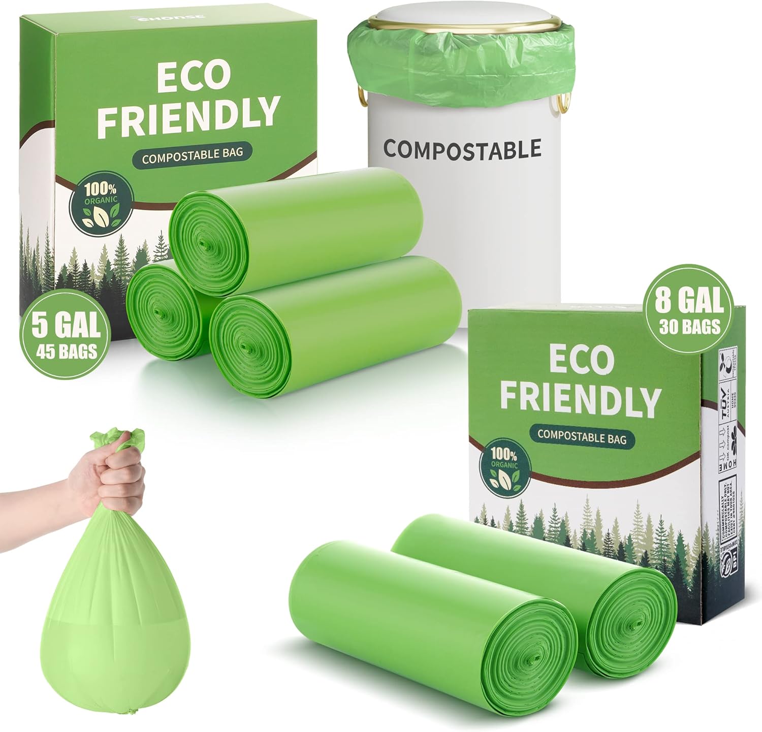 100% Compostable Trash Bags 5 8 Gallon 100 Counts Compost Small Garbage Bag for Kitchen Bathroom BPI Certified, Green