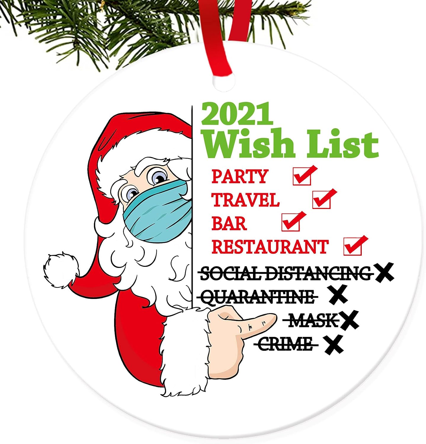 2021 Christmas Ornament Dated 2021 Year Merry Xmas Ornament Masked Santa Claus Ornaments Double Sided Printed Ceramic Ornament for Family Kids Friends Gift