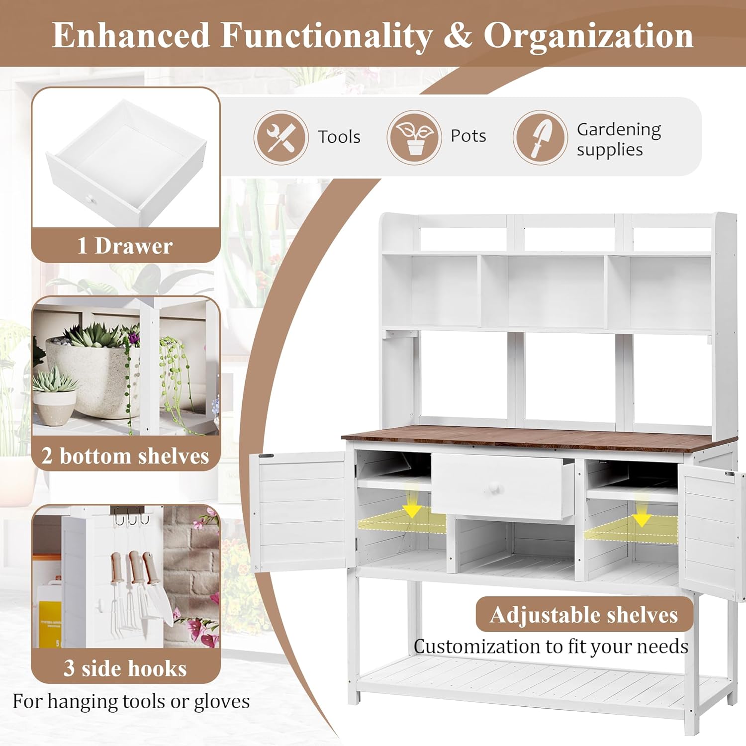 Polibi Solid Fir Wood Potting Bench Garden Workstation with 50.2x19.7 Inch Tabletop,Drawer & Adjustable Shelves,Outdoor Garden Potting Work Table with Storage for Backyard Planting,White