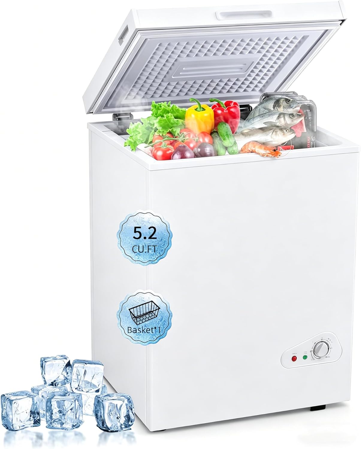 Compact Deep Freezer, 5.2 Cu Ft Chest Freezer with 6 Adjustable Thermostat, Top Open Door Freezer with Removable Basket, Energy Saving Freezer for Home, Apartment, Office, White