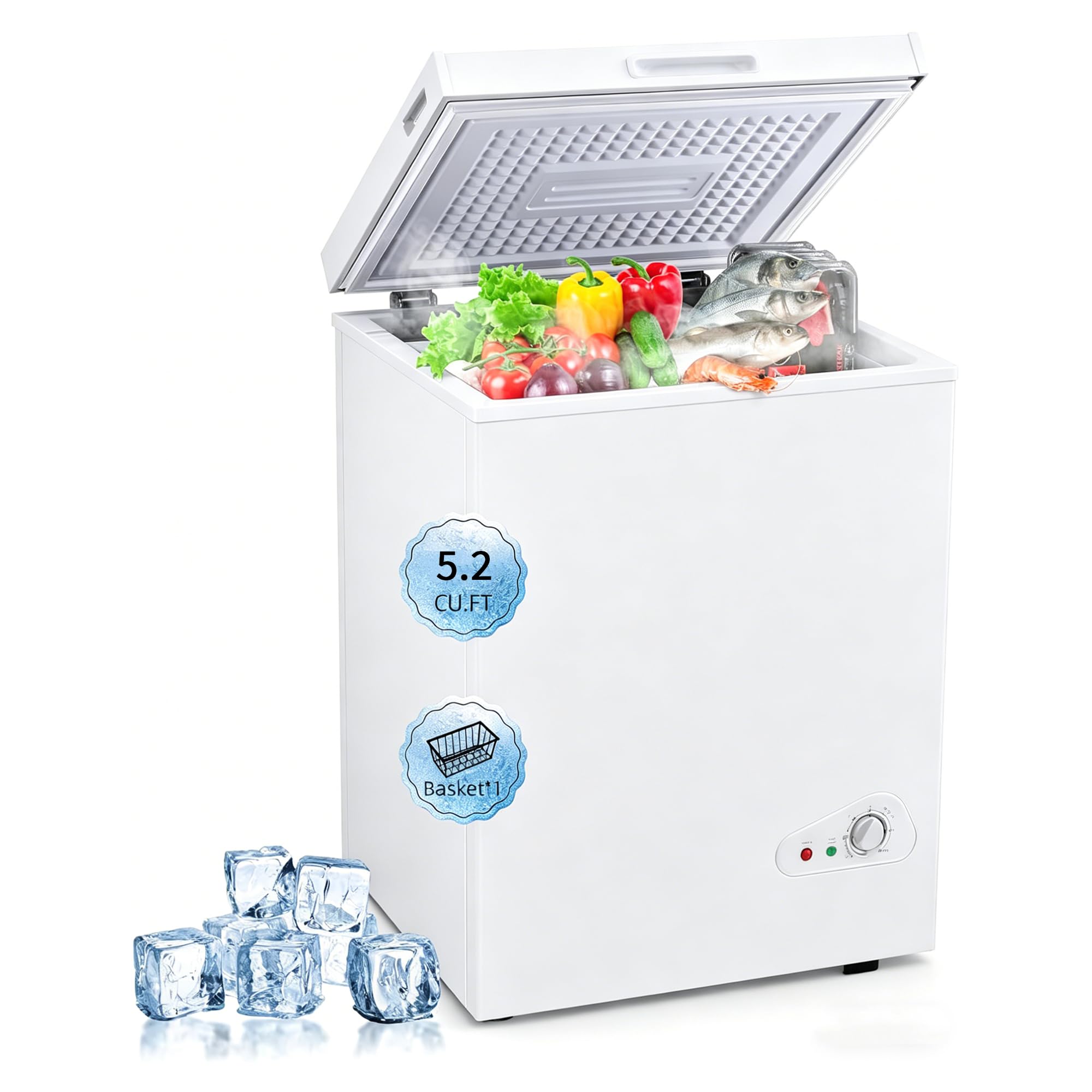 Compact Deep Freezer, 5.2 Cu Ft Chest Freezer with 6 Adjustable Thermostat, Top Open Door Freezer with Removable Basket, Energy Saving Freezer for Home, Apartment, Office, White