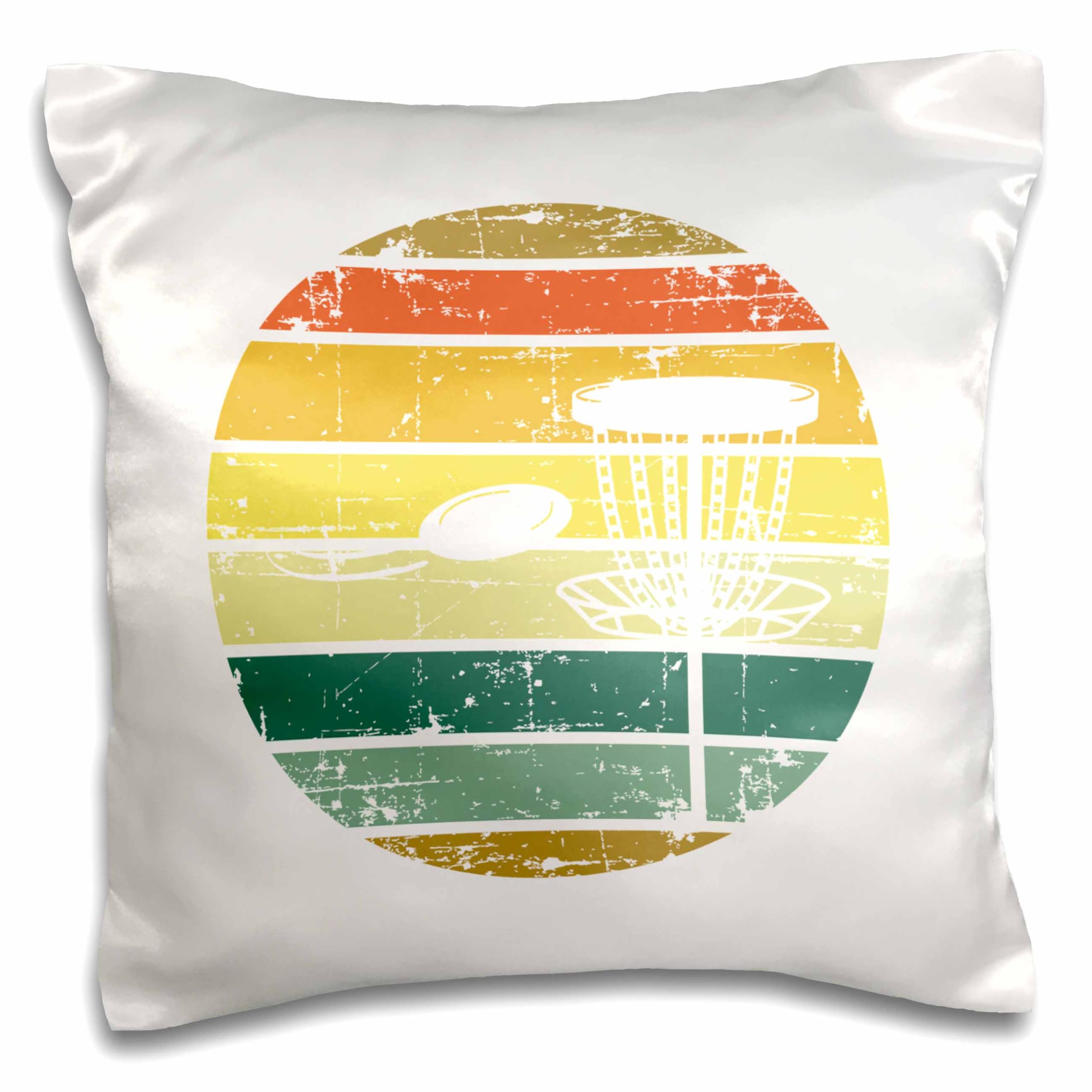 3dRose 16x16 inch Pillow Case - White disc Golf Basket with disc Over Striped Circle on White. Stamp City - Typography - disc Golf