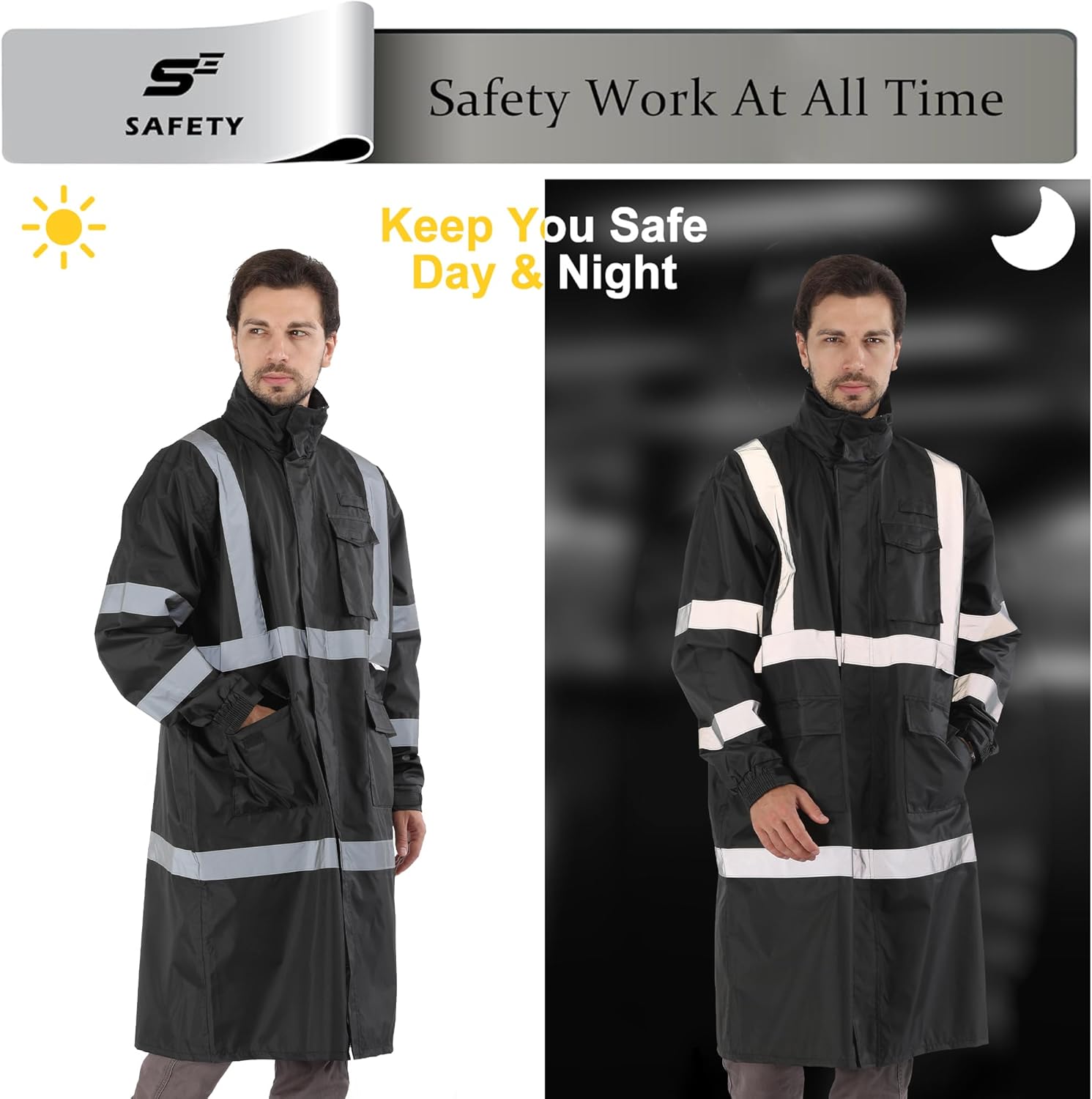 sesafety Safety Rain Coats for Men Work, Class 3 HighVisibility Rain Gear Construction, Reflective Hi Vis RainJacket Lightweight Waterproof - Image 6