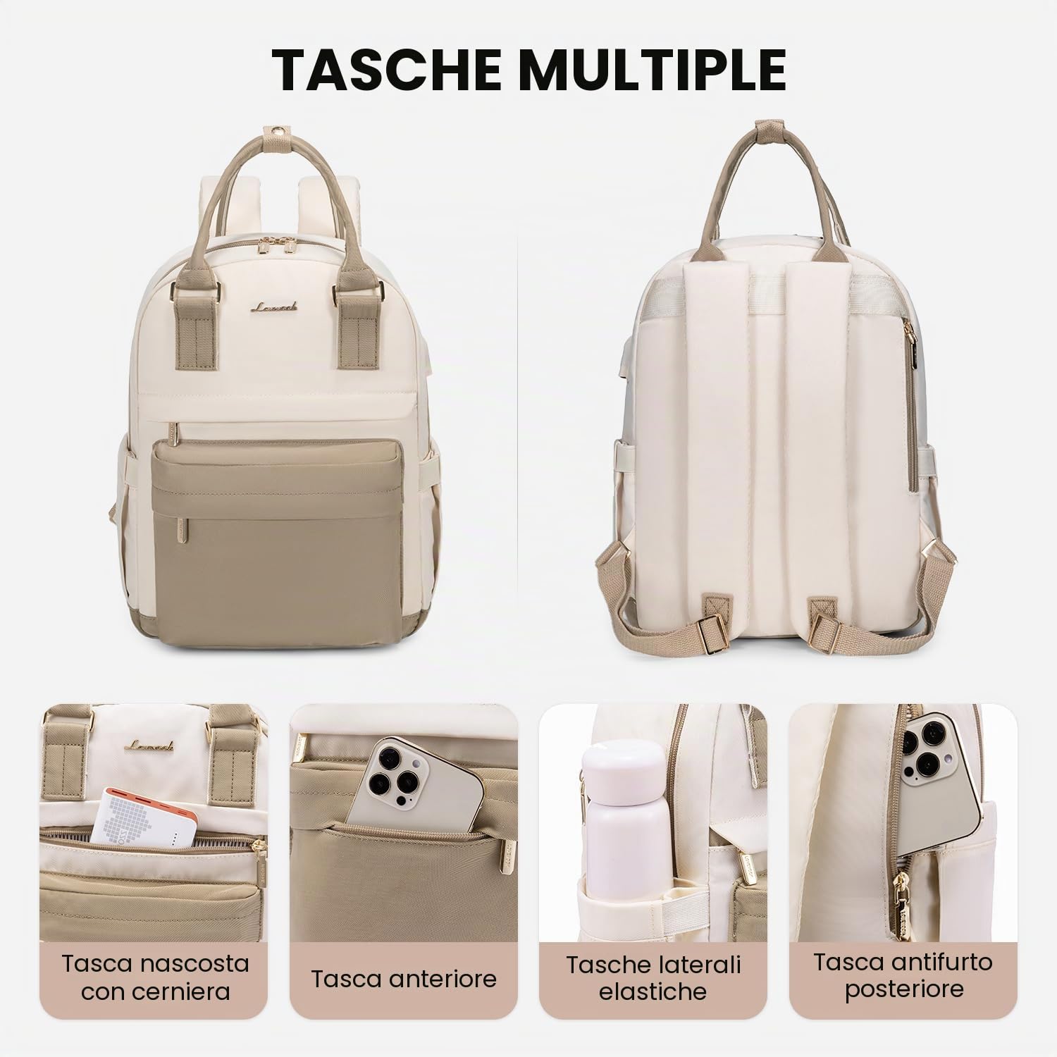 LOVEVOOK - Zaino da donna piccolo, impermeabile, zaino 2 in 1, da città, con porta di ricarica USB, mini zaino da donna, elegante, per il tempo libero, la scuola, i viaggi, il lavoro, 13,3 pollici,