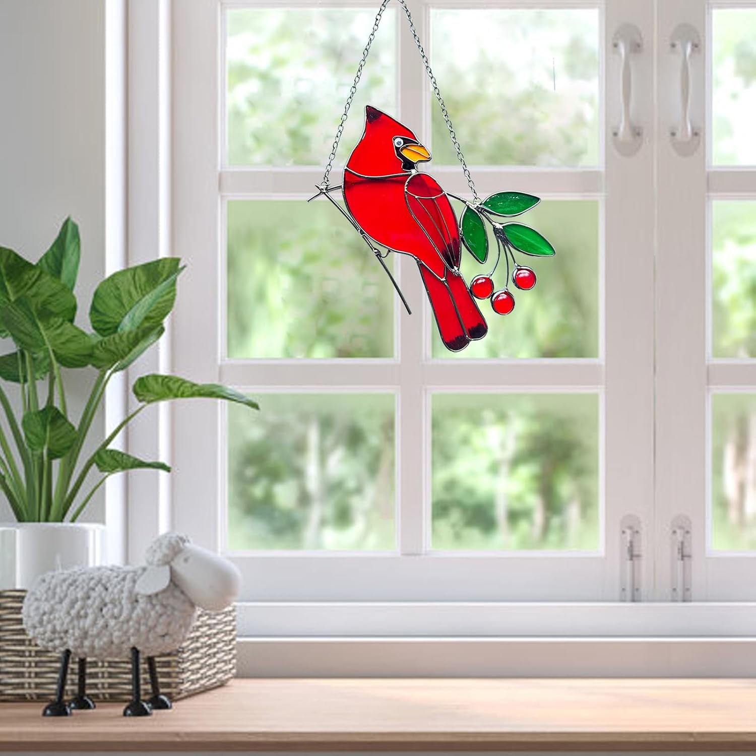 Red Birds Ornaments Stained Glass Suncatcher,Cardinal Stained Glass Window Hanging,Cardinal Decor for Housewarming,Cardinal Memorial Gifts for Women,Grandparents,Friends