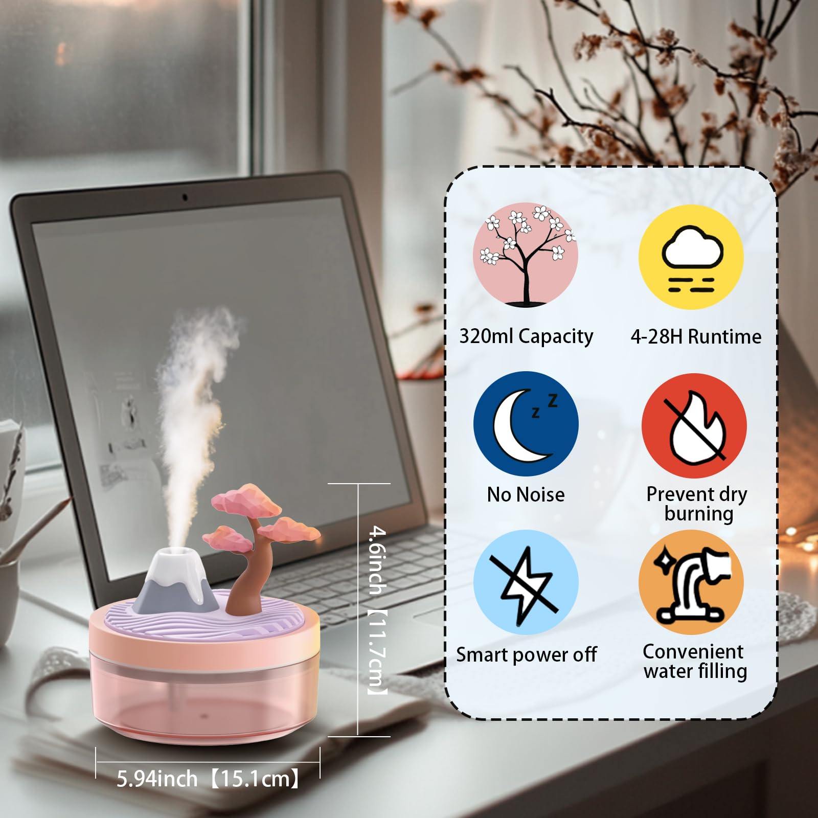 Umidificatore con luce notturna paesaggistica con 2 modalità di nebbia, serbatoio grande da 320 ml, silenzioso, per bambino/asilo/ufficio, mini idratante portatile