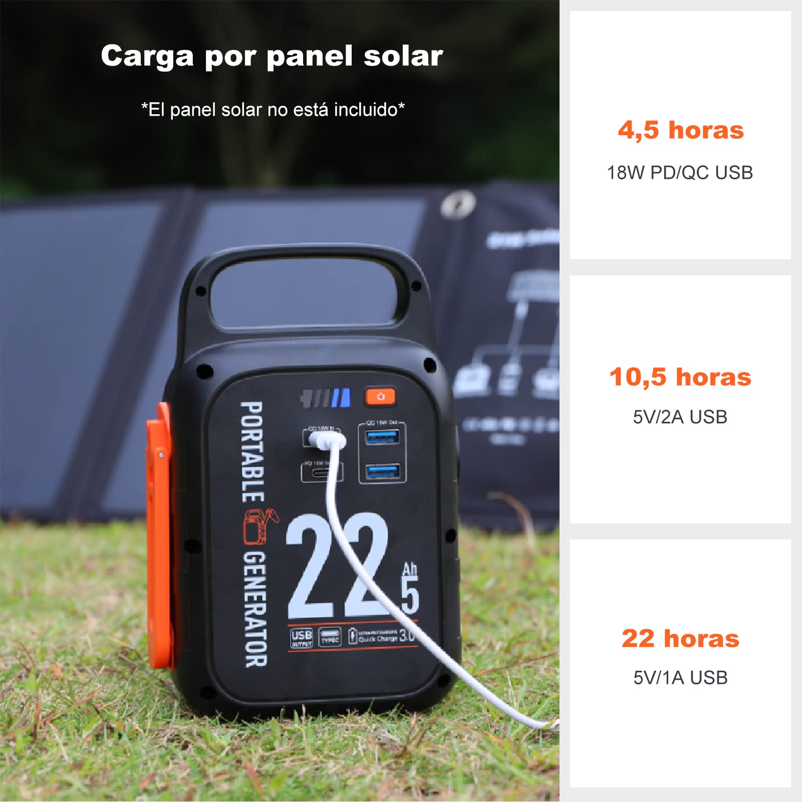 Crank Power Bank 22500mAh, 18W carga rápida USB tipo-C, 83.25Wh generador de energía con luz LED para emergencia camping al aire libre.