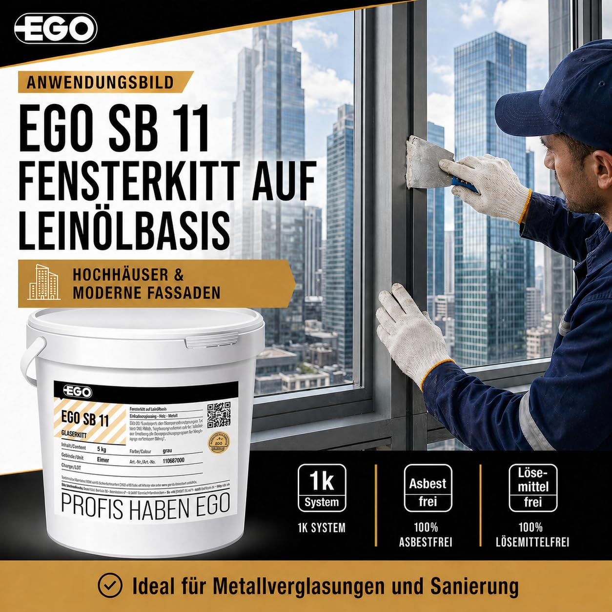 EGO SB 11 Fensterkitt GRAU - 25 kg Metallkübel - Dichtmasse auf Leinölbasis für Einfachverglasung in Holz- und Metallrahmen, lösemittelfrei & asbestfrei