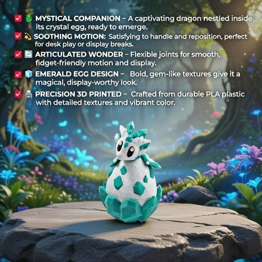 Articulated Dragon with Fantasy Egg – 3D Printed Mythical Creature Gift, Posable Jointed Companion, Collectible Detailed Shelf or Desk Decoration - for Adults (Emerald Dragon + Egg)
