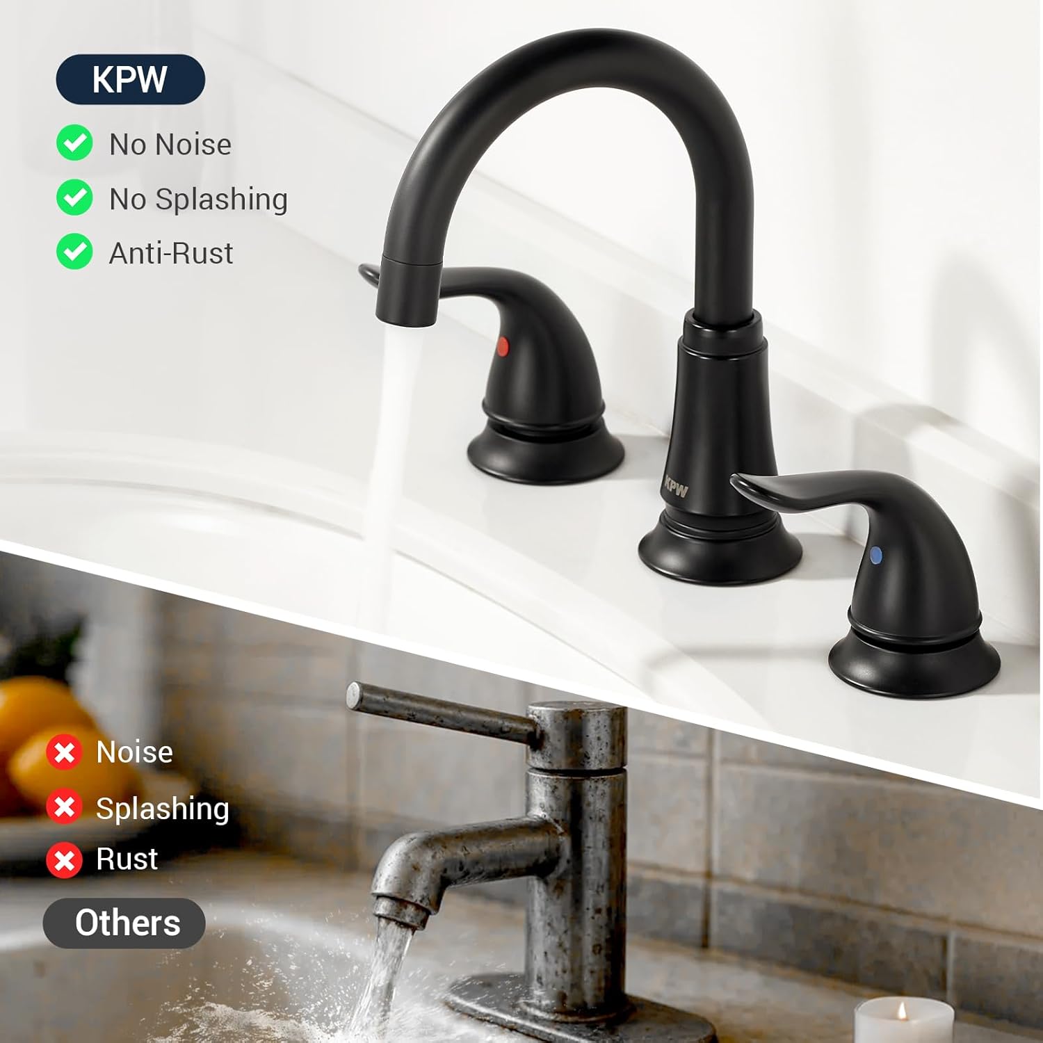 KPW Matte Black Bathroom Faucet 3 Hole, 8 Inch Widespread Bathroom Sink Faucet with Pop-up Drain Assembly and Supply Lines, Two Handle for Lavatory, Restroom