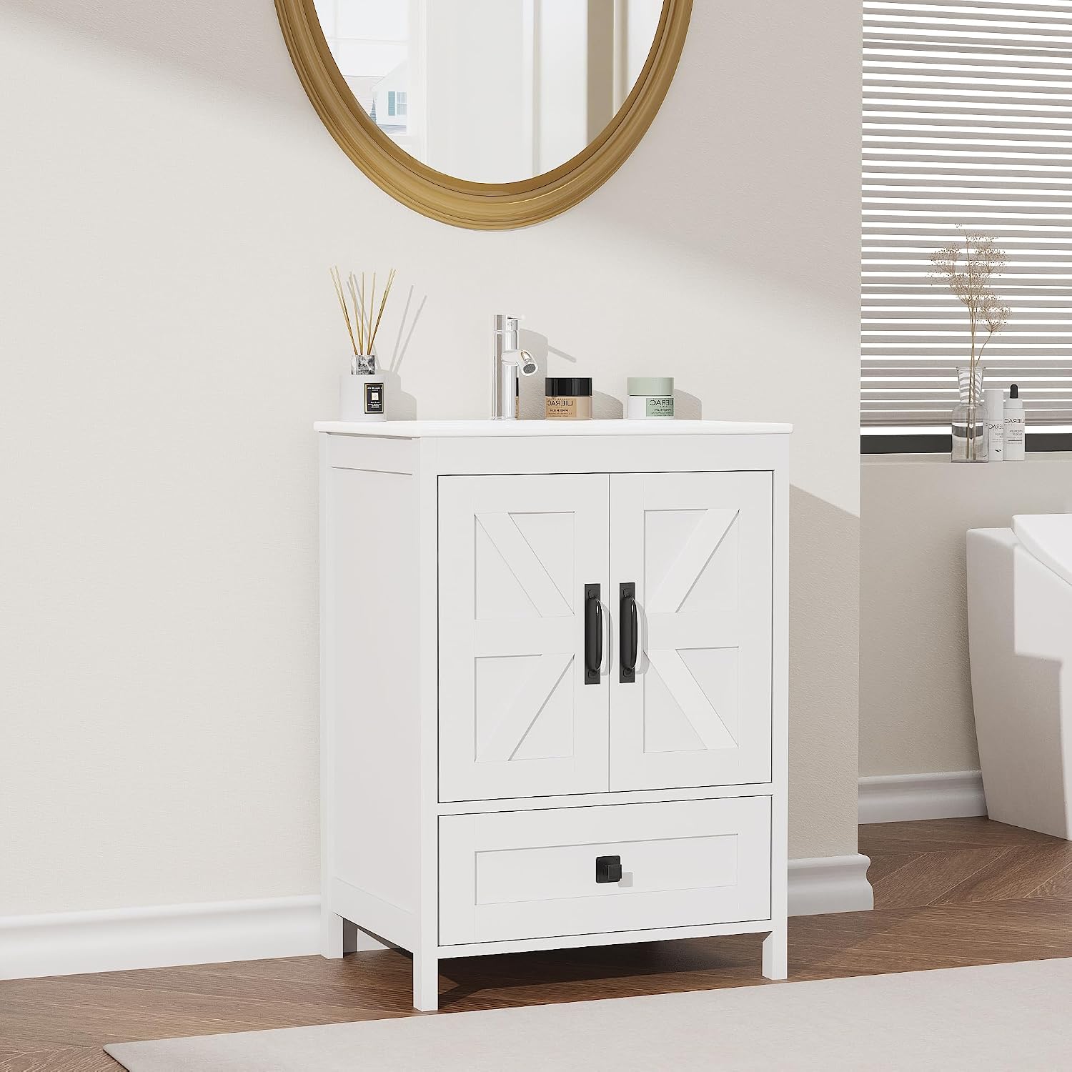 24 inch Bathroom Vanity with Ceramic Sink, Wood Vanity with Hidden Storage Space, Bathroom Sink and Cabinet Combo Set, Vanity Sinks for Bathrooms (Vintage White, 24 inch, with Sink)