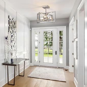 3 Light Brushed Nickel Ceiling Lights Living Room, Modern Semi Flush Mount | Geometric Open Frame E14 Chandeliers Ceiling Lights for Kitchen Dining Room Bedroom Hallway, Ø40cm, MAX 40W, 220V, Dimmable