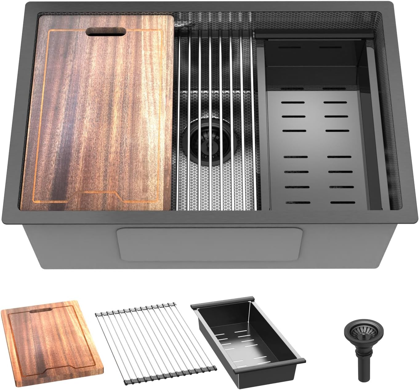 28inch Black Kitchen Sink Undermount - Feibus 28x19x10 with Double Step Workstation 16 Gauge Honeycomb Embossment Stainless Steel Single Bowl