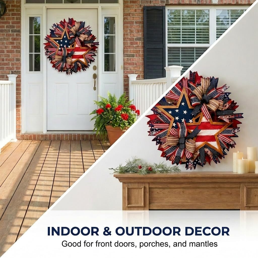 250th Anniversary Wreath, 2026 New Patriotic Round Wreath for Front Door, All-Weather Red White Blue Flower Wreath Outdoor Holiday Decoration, Farmhouse Wreath Memorial Day Front Door for Home Decor