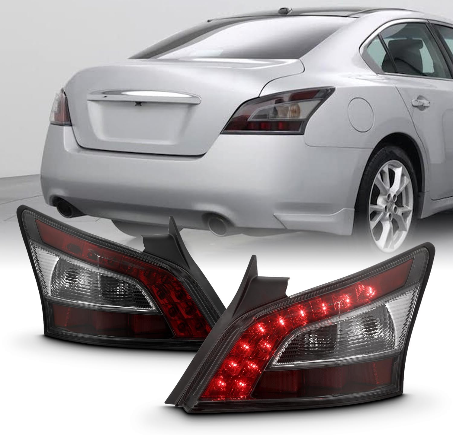 AKKON - Fits 2012-2014 Nissan Maxima Chrome Smoked Tail Lights Pair Driver+Passenger w/LED DRL Running Lamp Replacement