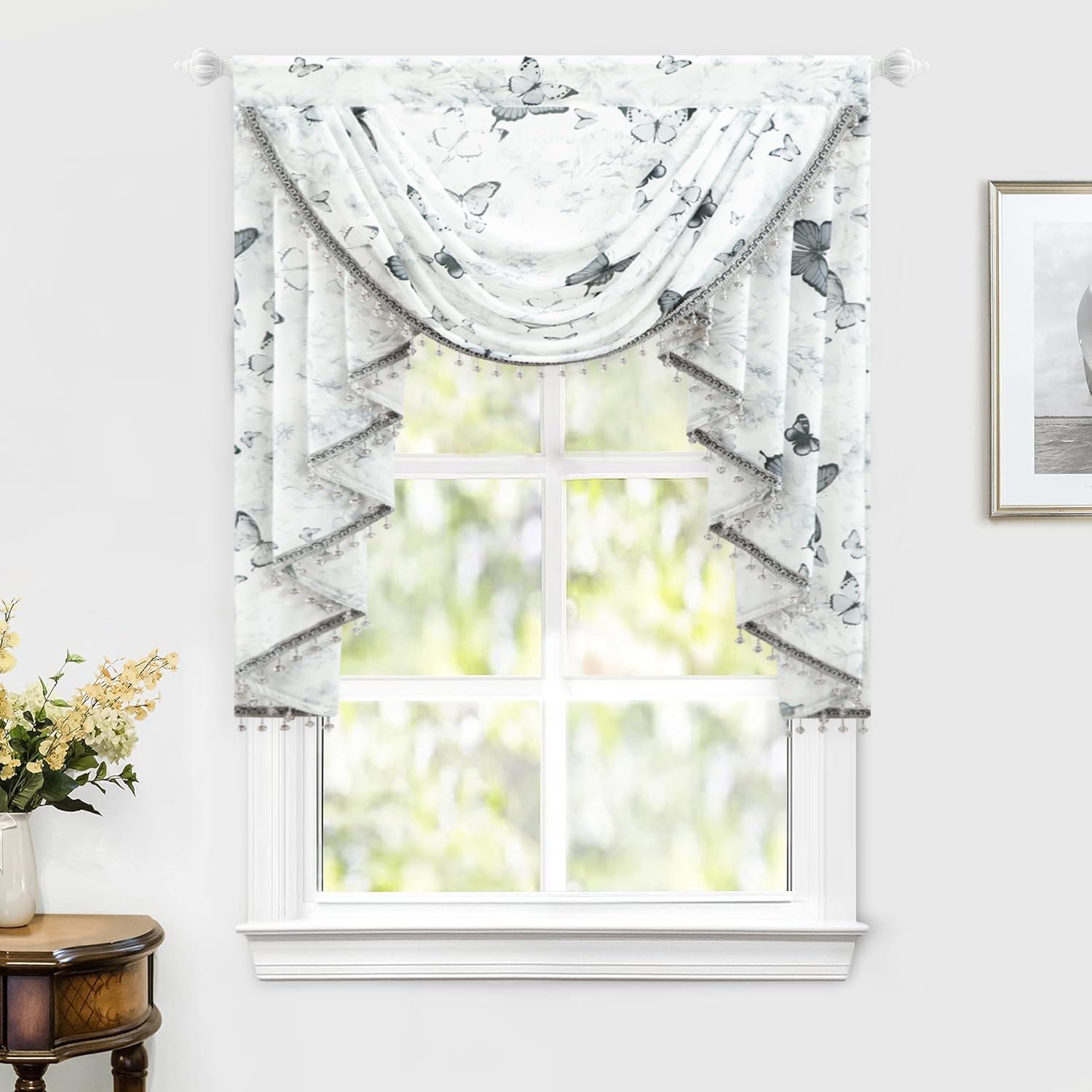 Leeva Sheer Waterfall Valance Curtains with Bead Tassels - 39-Inch Swag Design, Grey Tones Butterfly & Plants Print Scarf Valance for Cafe, Nursery, and Bedroom Decor