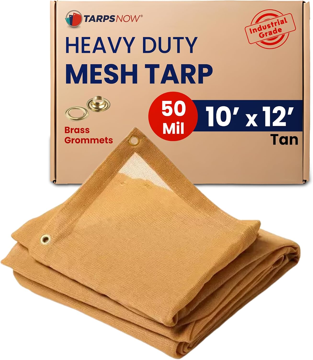 Tarps Now 10' x 12' Tan Mesh Tarp Heavy Duty - 6.8 oz Knitted HDPE - 75% Shade Cloth for Garden, Backyard, Patios - Brass Grommets - UV Resistant Breathable Privacy Screen, Sun Shades Outdoor Patio