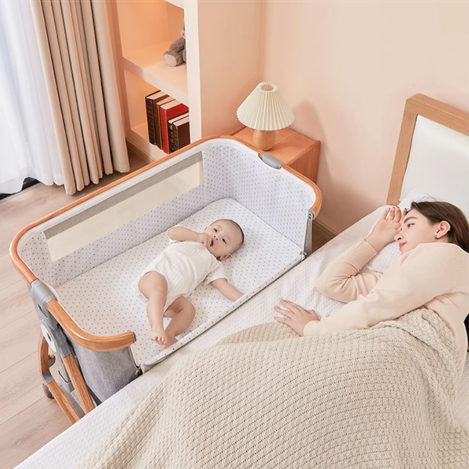 Lit Berceau Cododo Bebe, Dormir Ensemble en Toute Sécurité, Matelas en Fibre Coco, Table à Langer, Facile à Assembler et à Plier, Lit d'enfant Portable pour Nouveau-né (Woody)