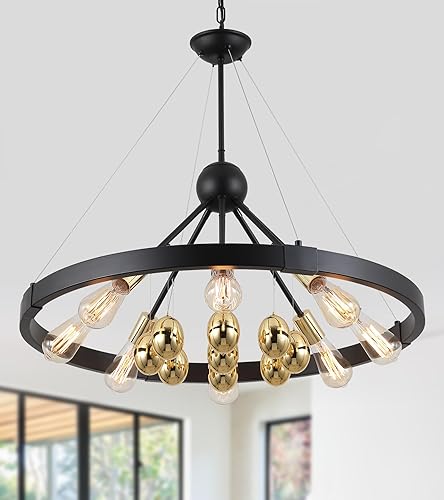 Q&S Candelabro de rueda de vagón negro y dorado, 8 luces modernas de granja, círculo redondo, huevos dorados, accesorios de luz para comedor, sala