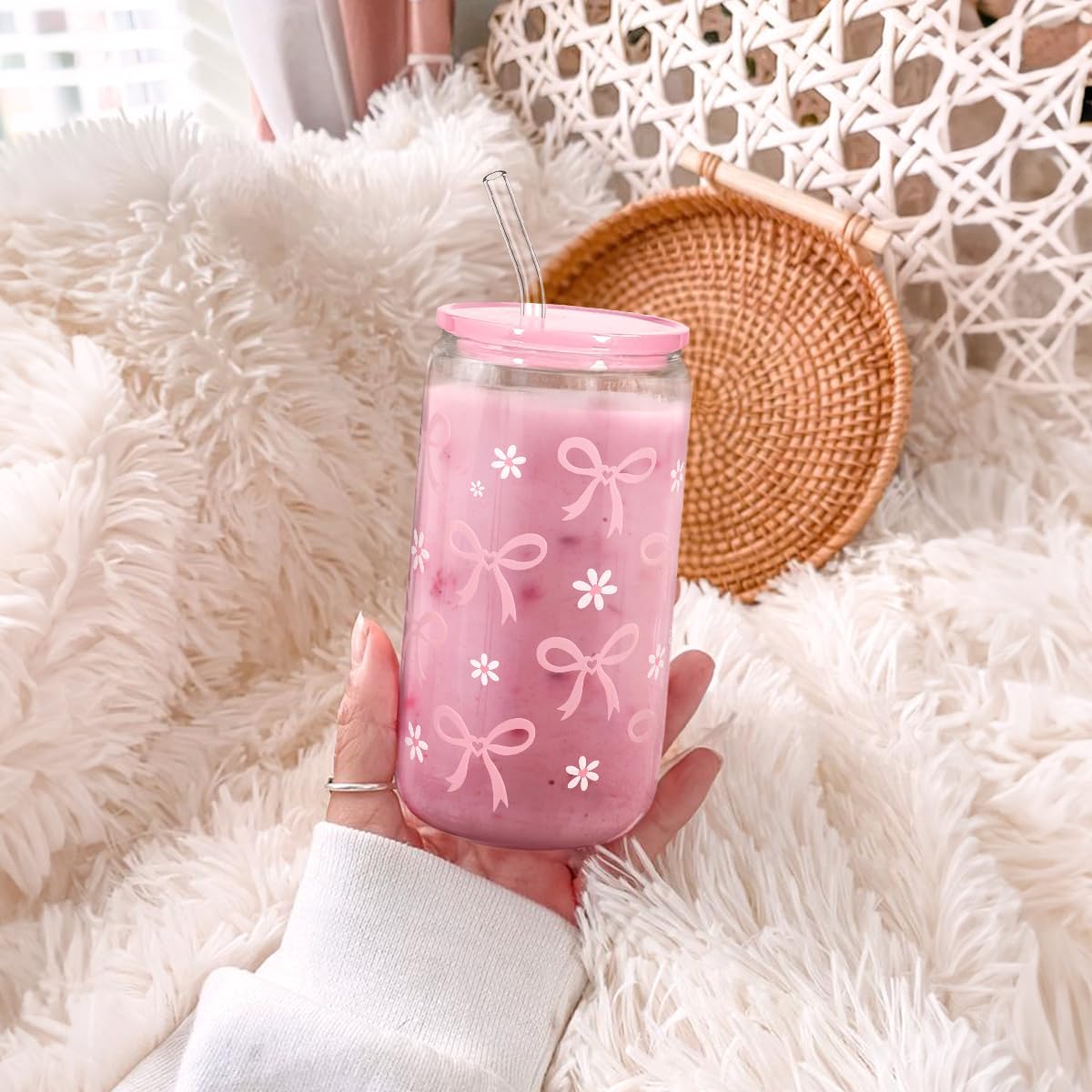 SANDJEST Bow Glass Can, Bows Cup with Lid & Straw, Iced Coffee Aesthetic Cups, Idea Gift for Christmas Birthday Mother Day, Gifts for Women, 16oz - Image 6