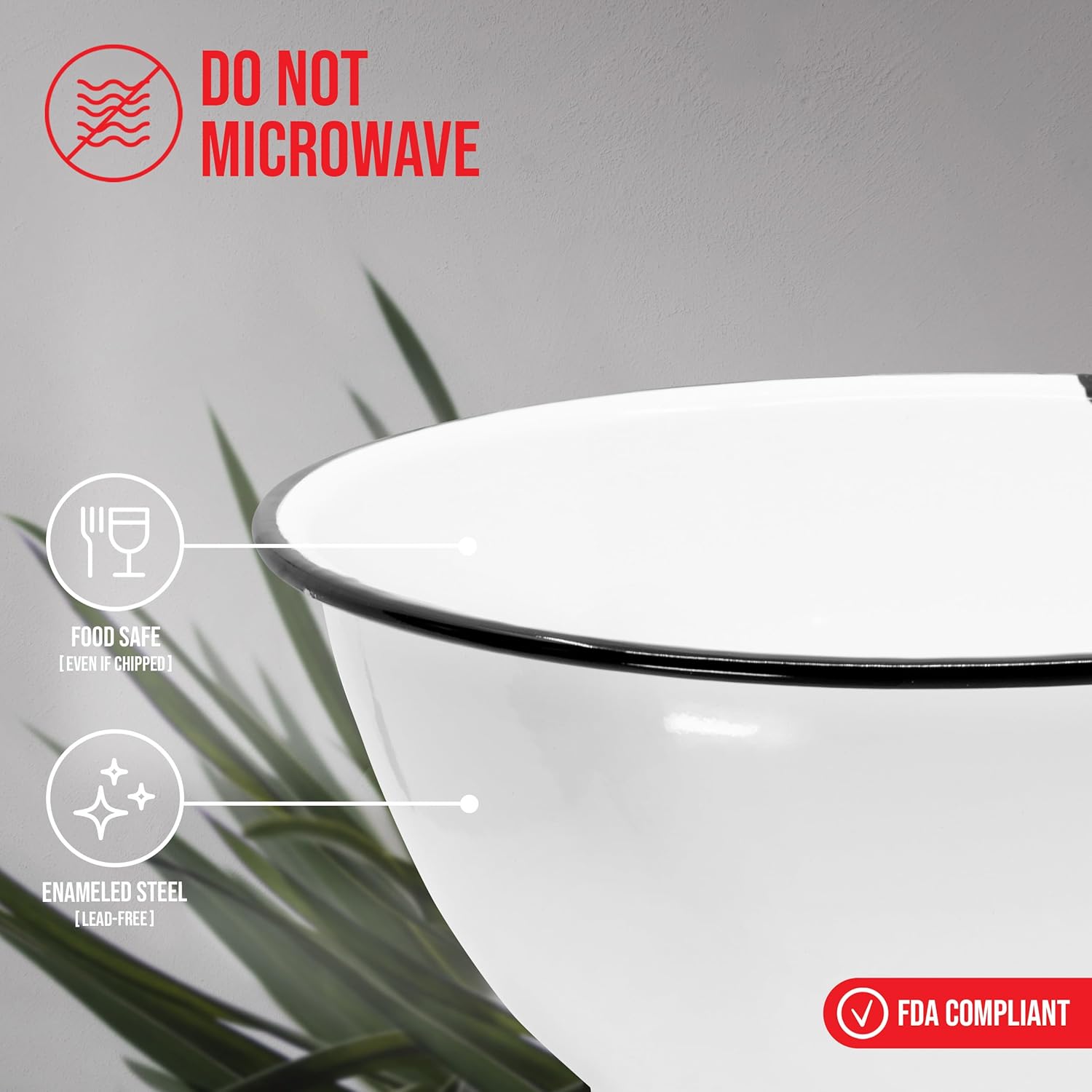 Red Co. Set of 2 Enamelware Metal Large Classic 4 quart Round Salad Serving Bowl, Distressed White/Black Rim