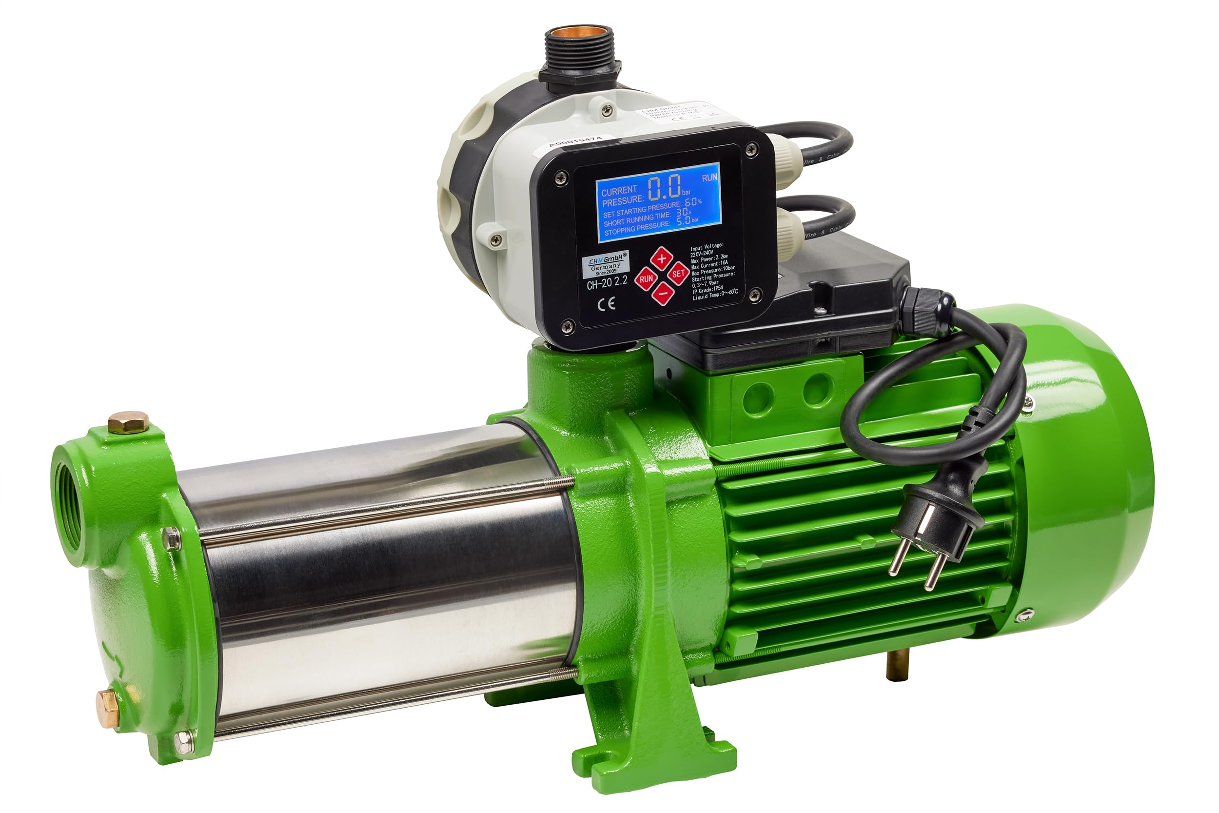 Kreiselpumpe Edelstahl 2,1 Kw und 7,8 Bar Gartenpumpe Trockenlaufschutz mit el. Druckschalter Ein/Ausschalt Druck einstellbar