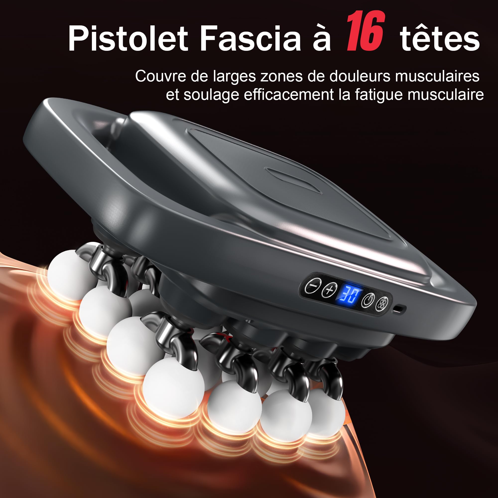 Pistolet de Massage à 16 Têtes, avec 3 Modes et 30 Vitesses Réglables, Masseur avec Lumière Rouge pour Soulager Les Tensions Musculaires et La Fatigue pour Le Dos, La Taille