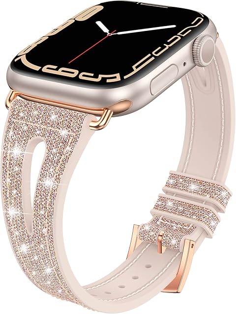 Neitra Narrow Straps Compatible with Apple Watch 38mm 40mm 41mm, Bling Silicone Color-Changing Smartwatch Bracelet, Soft Replacement Band for iWatch Series 9 8 7 6 5 4 SE 2023(Pink-Rosegold-Gold)