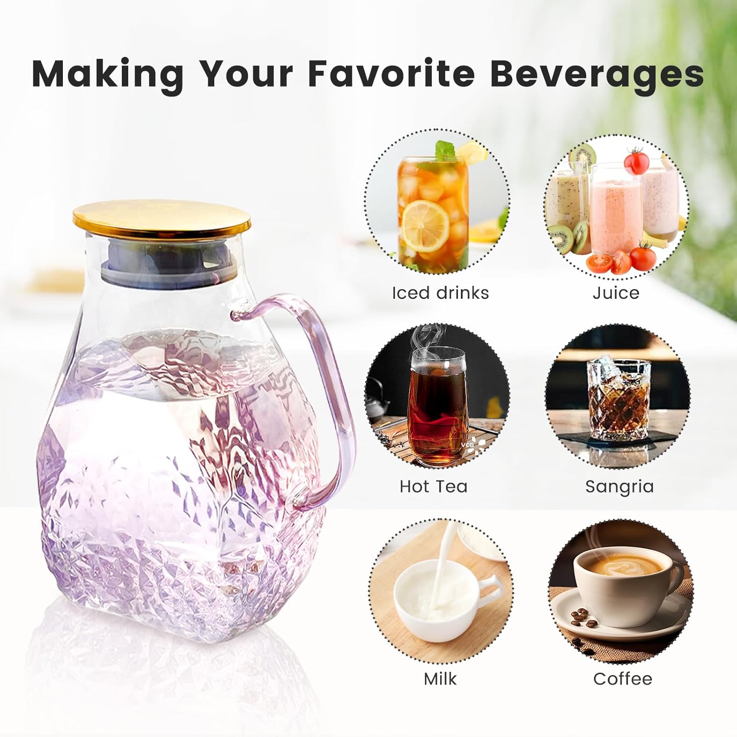 Daily Treasures 1.8 Liter Pink Glass Pitchers with Lid, Glacier Texture Borosilicate Glass Pitcher,Double Opening Filter Cap Design Drink Pitcher for Cold Brew Coffee, Iced Tea, Milk, Water, Juice