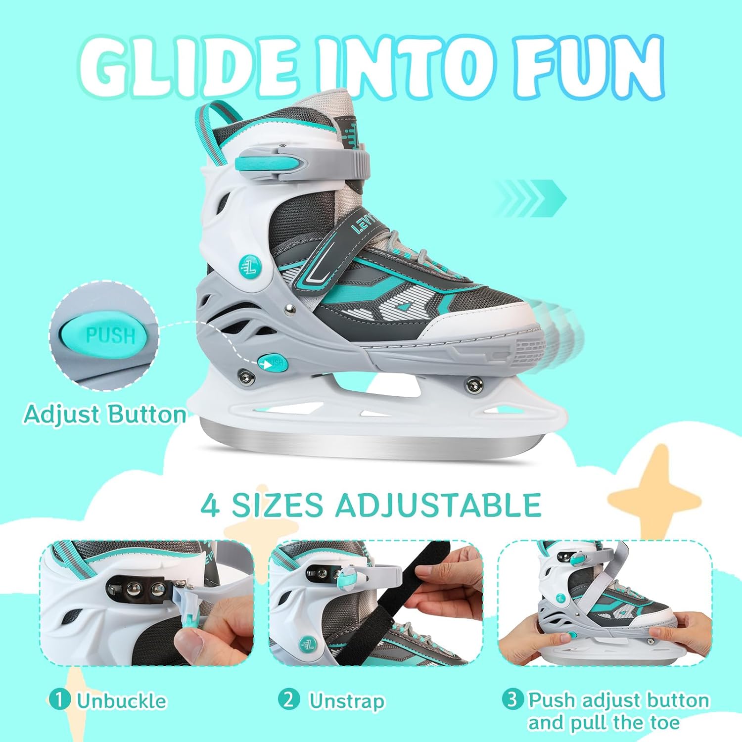 Adjustable ice Skates for Kids Boys Girls, 4 Size Triple Protection Beginner Figure Blades with Ankle Support for Outdoor and Rink