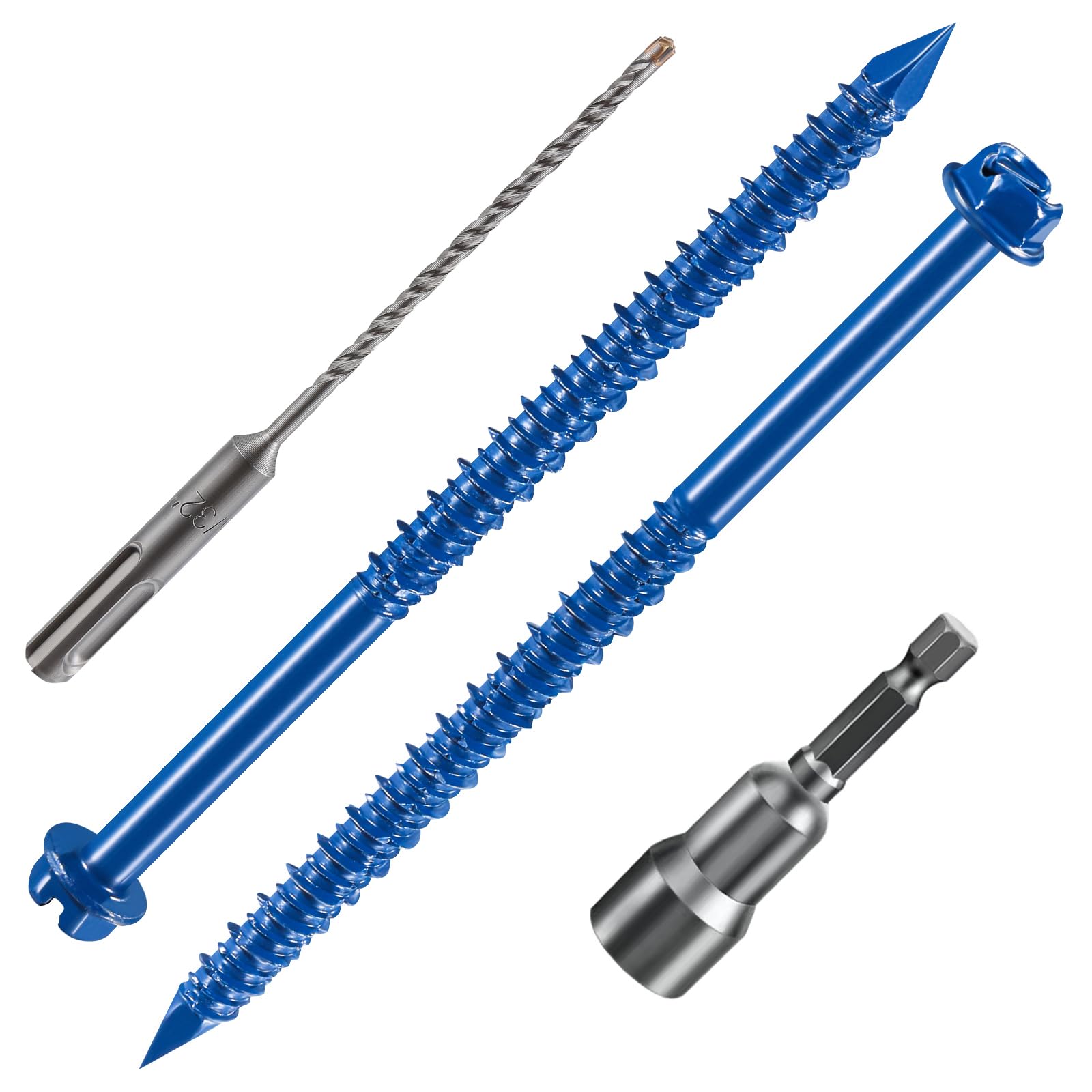 Wensilon Kit de tornillos de hormigón con cabeza hexagonal ranurada de 1/4 x 4 pulgadas, kit de anclaje de cabeza plana azul para anclaje a mampostería, bloque o estuco de ladrillo (100 unidades)