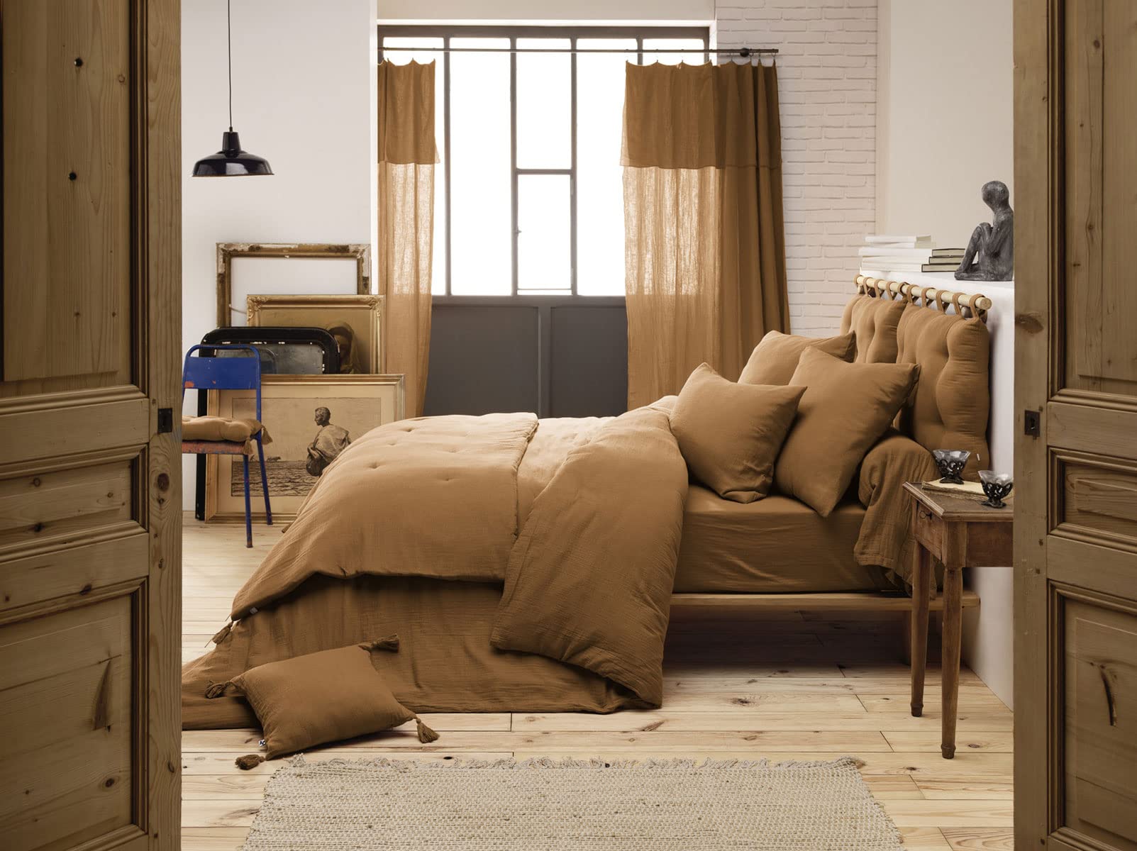 Drap Housse Gaze de Coton 160 x 200 cm Gaia pour Matelas épais Coloris Marron Camel
